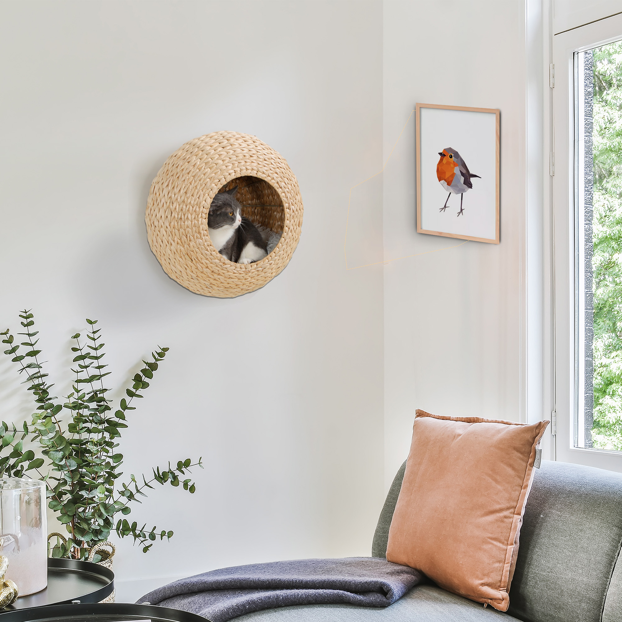Condomina de Gato en Pared con Almohadilla Limpiable, Madera Natural — imagen 1