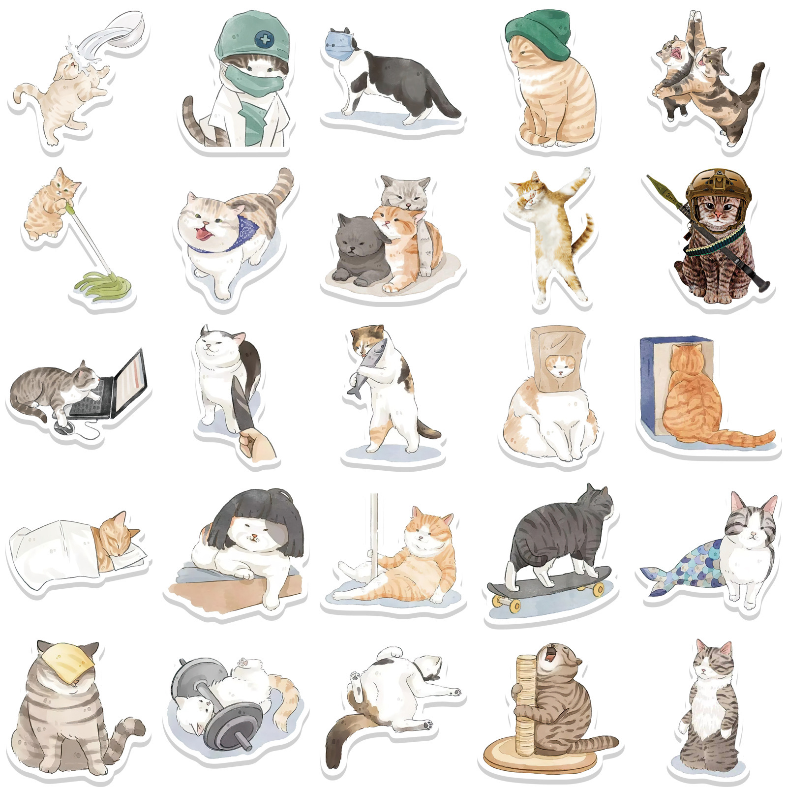 53 Cartoon Watercolor Cute Cat Computer Luggage Guitar Mobile Phone Stickers — image 10