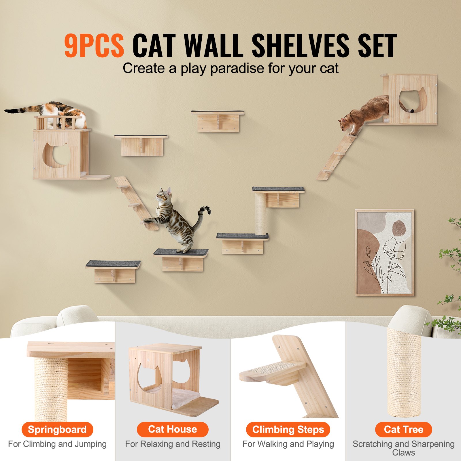 Wall Mounted Cat Shelves Tree With Jumping Boards Nests Hammock Set Of 9 — imagen 5