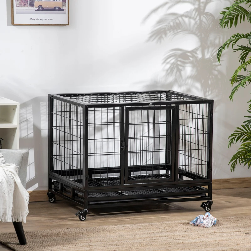 PawHut Heavy Duty Dog Crate With Removable Tray, Lockable Wheels And Double Door, For Medium And Large Dogs, Black — imagen 1