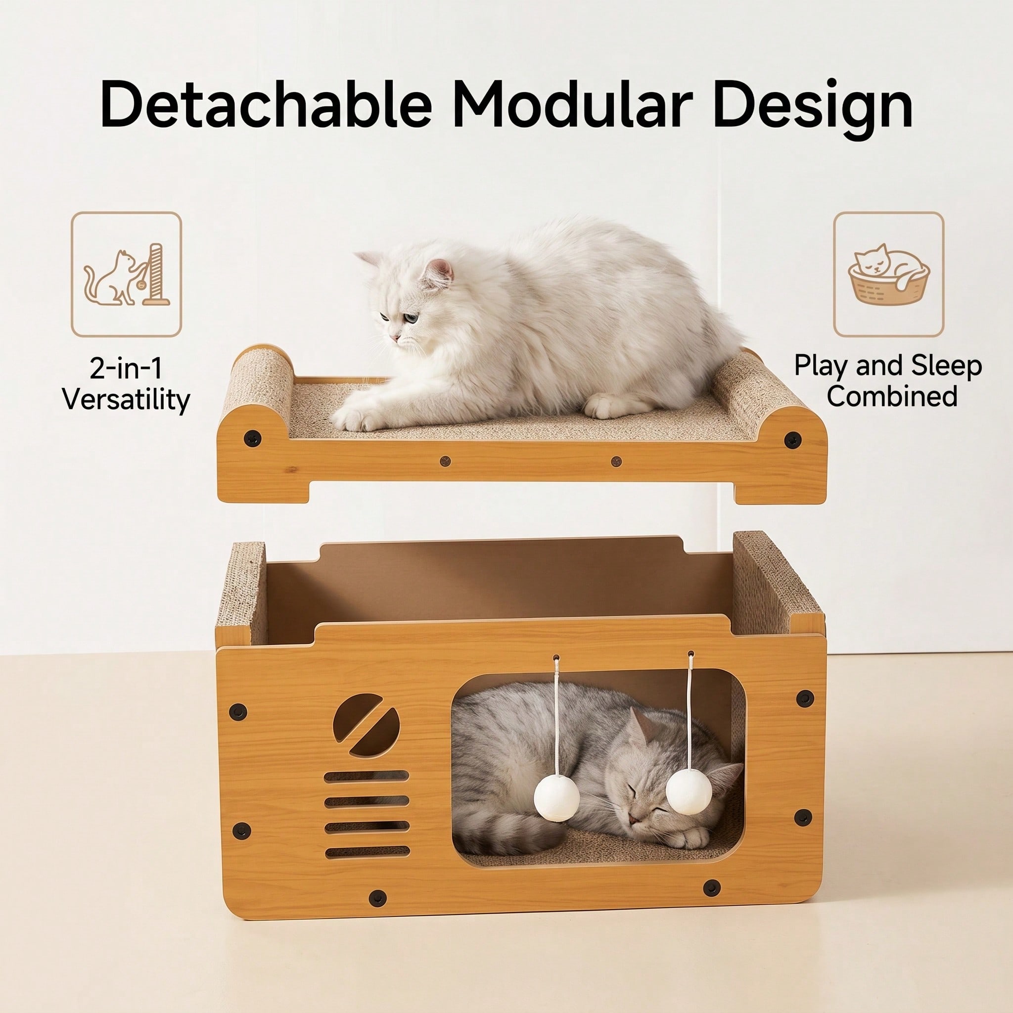Casa de Gato Multiestilo con Dos Capas: 2 Niveles Grande para Perros y Gatos con Cartón Corrugado, Bolas Suspensas Interactivas y Soporte Cervical Ergonómico para Hogares con Muebles — imagen 11