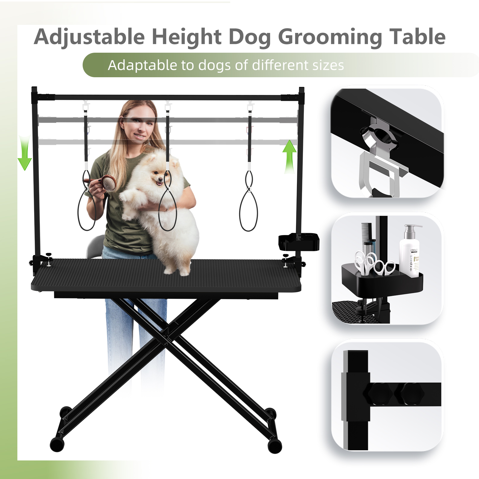 Mesa de aseo grande para perros de 47" en negro, mesa de aseo plegable X-Lift para perros en casa, brazos de altura ajustable, estación para mascotas con lazos de sujeción, organizador de herramientas — imagen 4