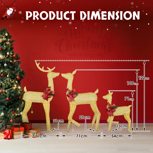 Set de 3 Piezas de Renos Navideños Iluminados para Decoración Exterior, Familia de Ciervos 2D Resistente a la Intemperie, Decoración Navideña con 200 Luces LED Blancas Cálidas Preinstaladas y Estacas, Dorado — imagen 4