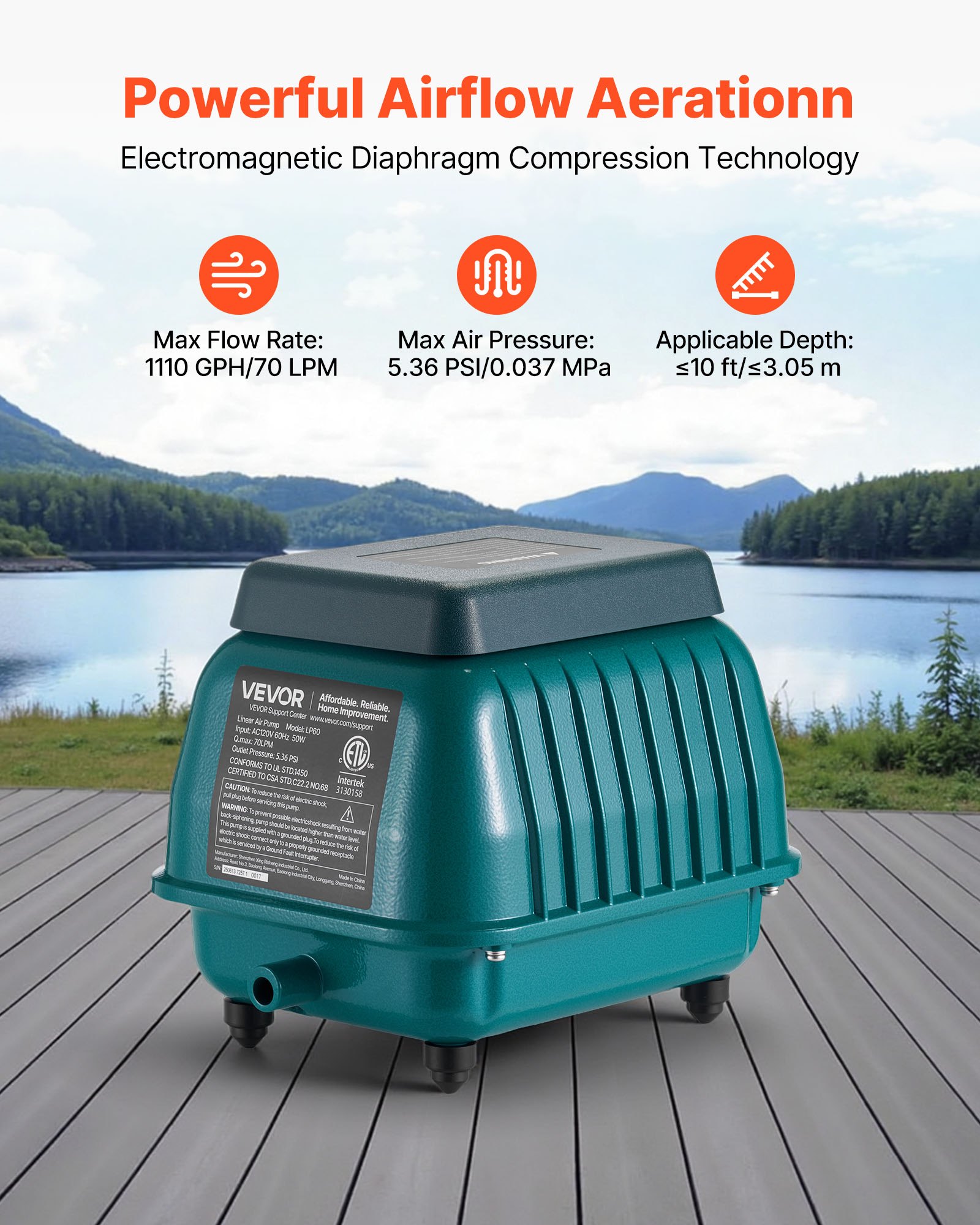 Linear Air Pump, 1110 GPH Air Flow, Septic Aerator Pump, Aeration System For 10 Ft Deep Ponds, Fit For Septic Tanks, Aquariums, Waste Treatment, Seafood Restaurants, Fish Farms, Hydroponics — imagen 5