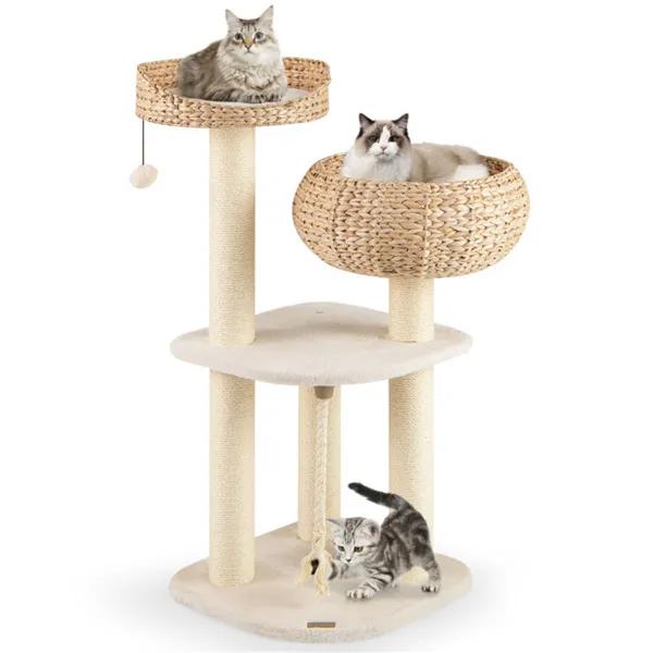 Árbol de Gatos tejido a mano con juncos de Hyacinth acuática, 3 postes de sisal para rascar centros de actividad multi-nivel para gatos - Blanco — imagen 5