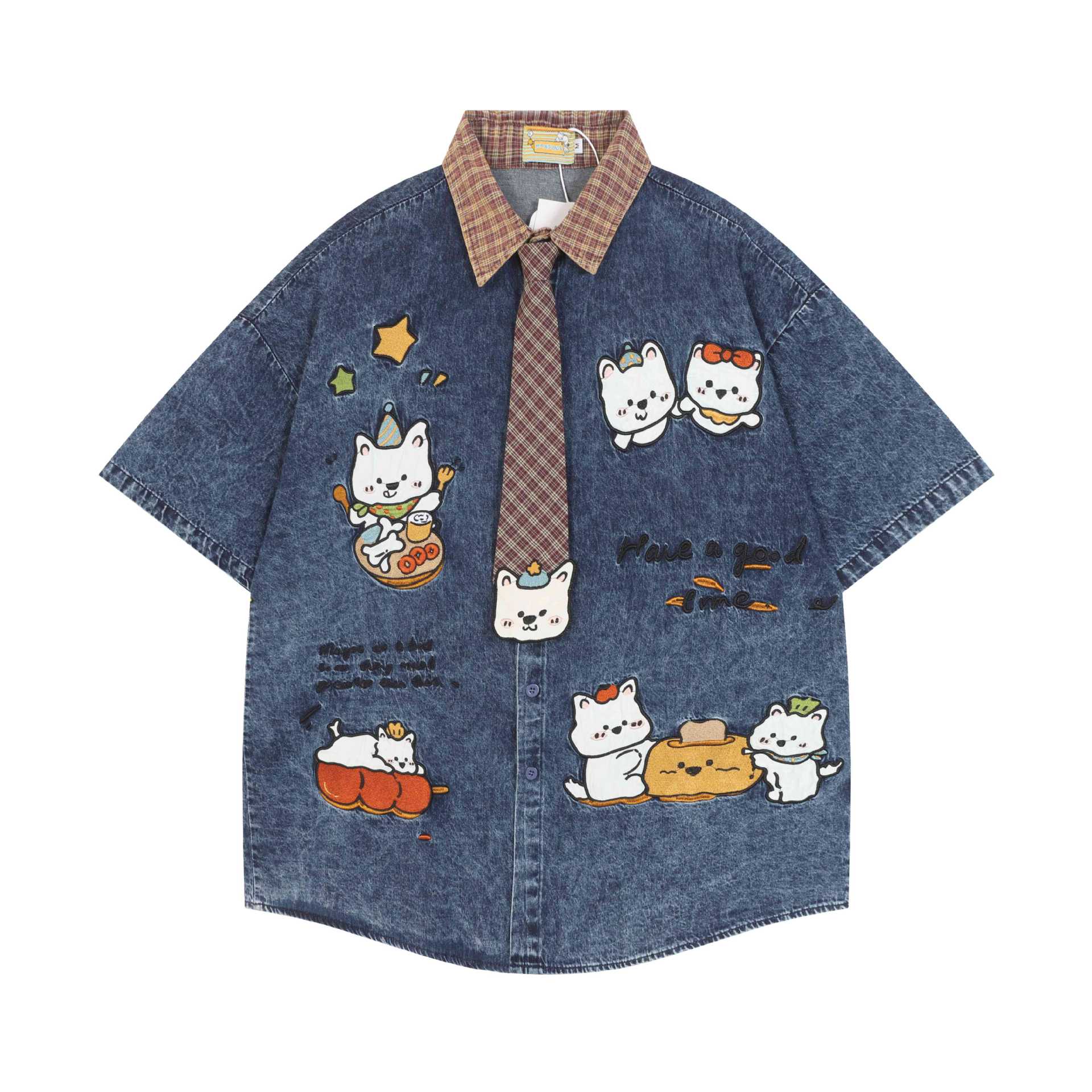 Embroidered kitten denim short sleeved shirt — image 2