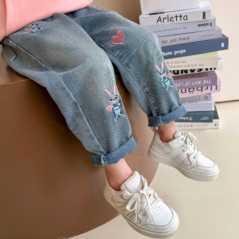 Cute Rabbit Heart Print Denim Pants for Girls — image 5