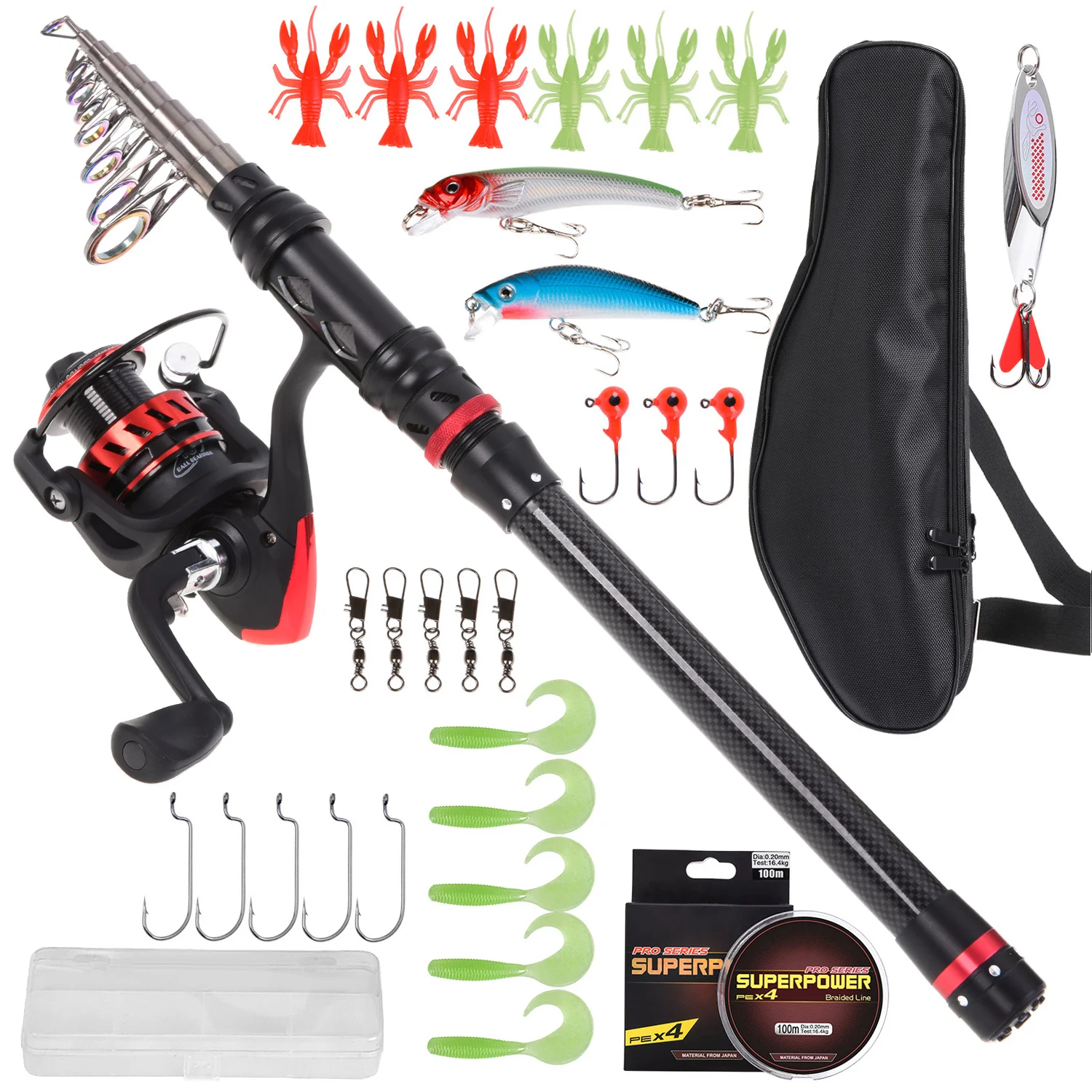 Combo de Pescar con Varillas de Fibra de Carbon y Reel de Cepillo con Bolsa Portátil para Lures, Ganchos y Suizantes Completo — imagen 1