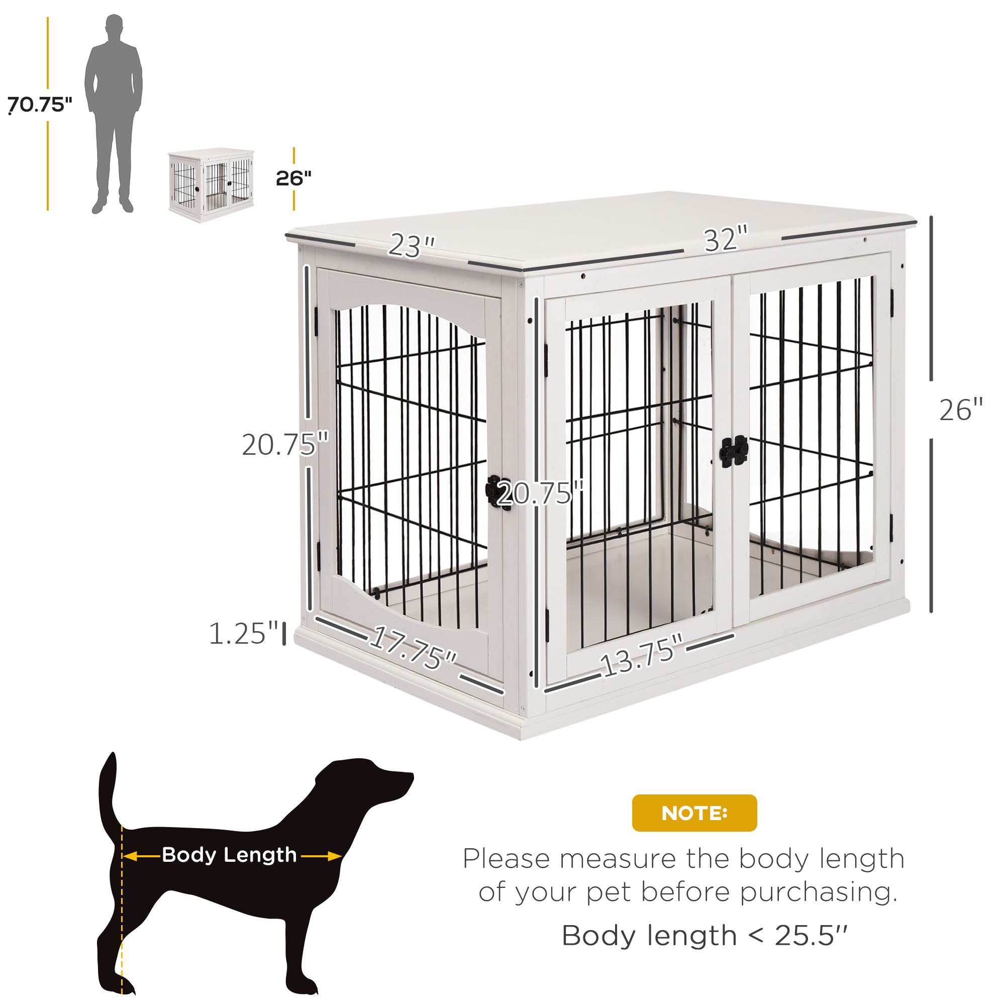 Dog Crate Furniture, 32" Small Dog Cage End Table with 2 Doors, Lockable Door, Puppy Kennel Indoor, White — image 7