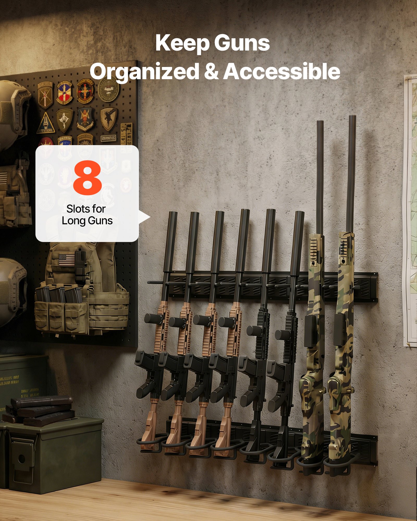 Estantería de Armas para Interior, Acero Pesado, Soporte en Pared para Escopetas y Rifles, 8 Cajas para Armas Largas, Almacenamiento con Tornillos, Para Hogar, Garaje, Oficina, Tienda o Cabina de Caza — imagen 5