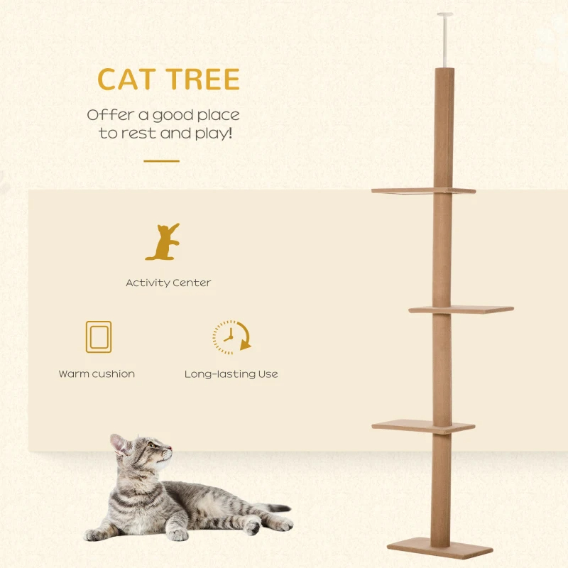 Árbol de Gato PawHut de Piso a Techo con Postes de Rastrillado de Sisal, Centro de Actividad Natural para Gatos, Color Marrón — imagen 8