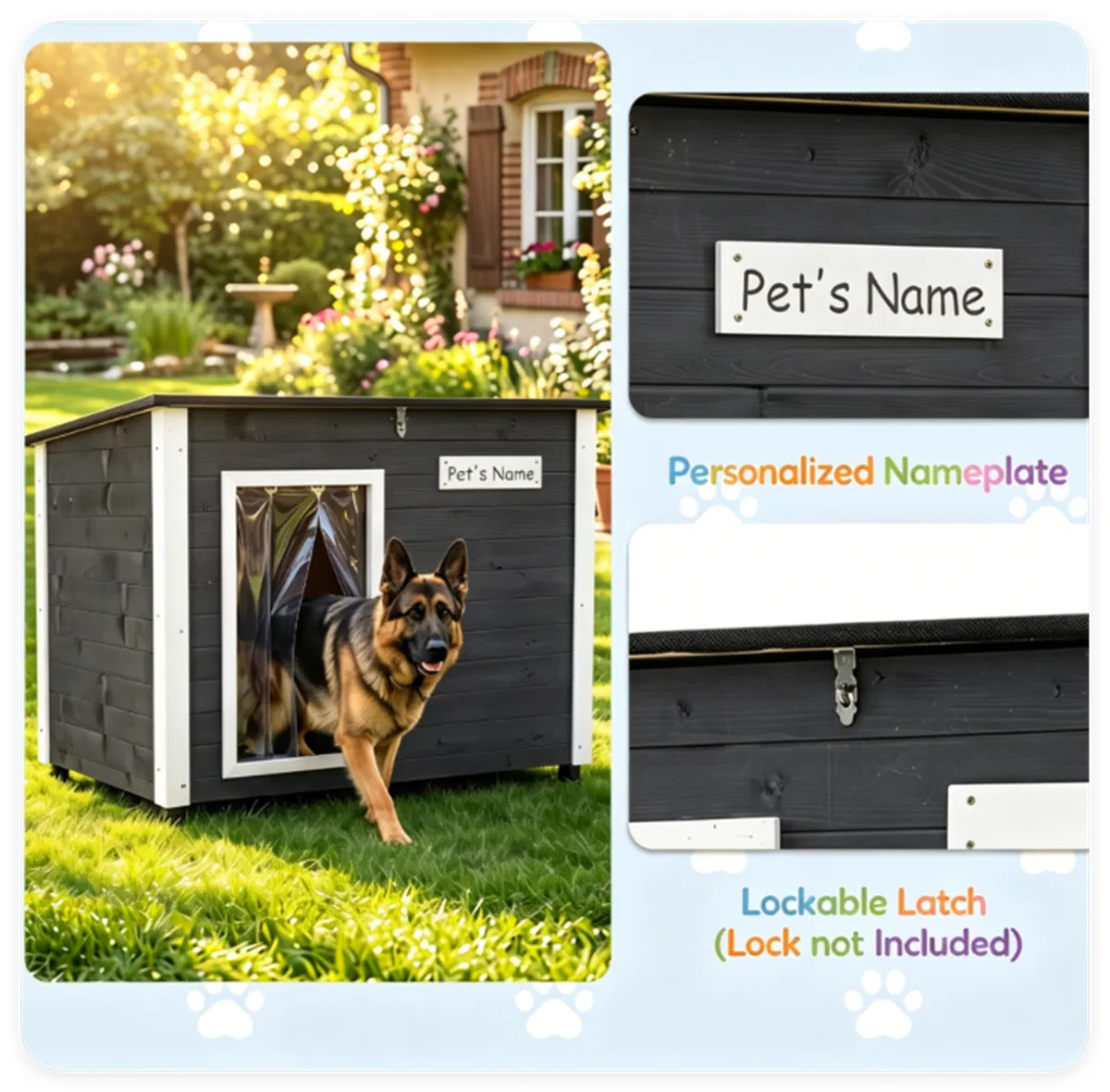 42.5" x 27" x 33.5" Outdoor Dog House with Sloped Asphalt Roof, Elevated Floor & Openable Roof Weatherproof Pet Kennel with PVC Door Curtain for Medium Large Dogs Gray — image 8