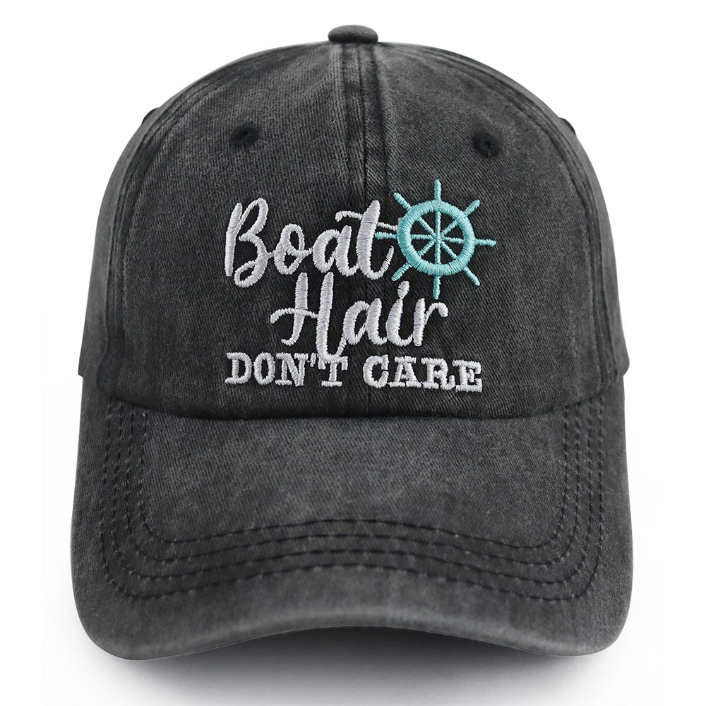 Boat Hair Don't Care Embroidered Baseball Cap, Vintage Washed Distressed Cotton Hat With Ship Wheel Embroidery For Women Boating Fishing Beach — image 7