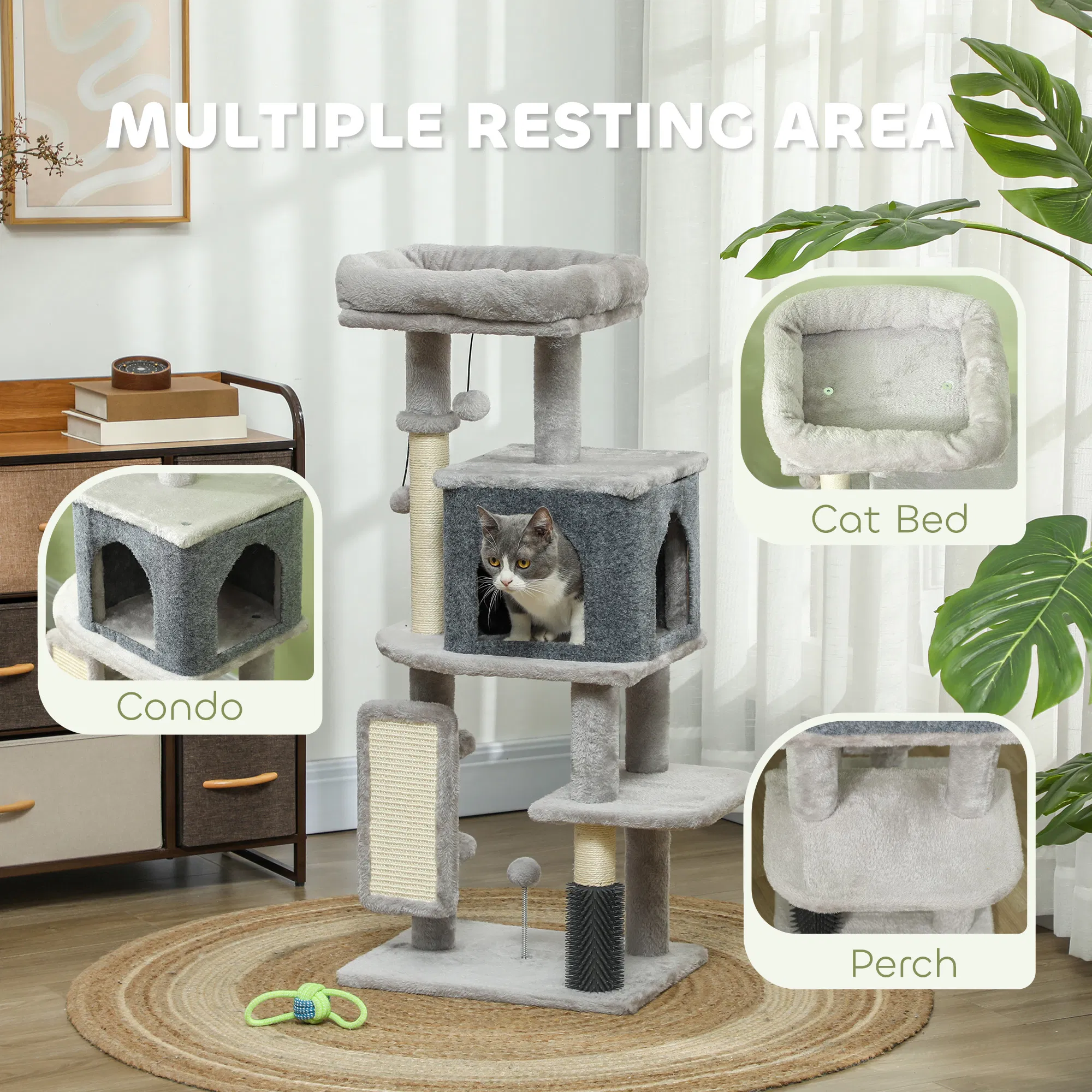Cat Tree with Scratching Posts, Cat Bed, Condo, Grooming Brush, Jumping Platforms, Toy Balls, Anti-tip Kit — image 6