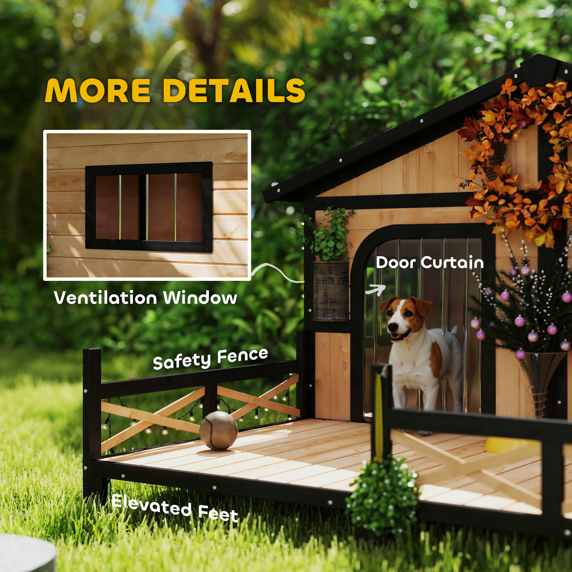 Dog House Outdoor, Wooden Dog Kennel Weatherproof with Porch, Openable Roof, Removable Bottom, Elevated Floor, Double Room for 2 Small to Medium Breeds, Natural — image 5