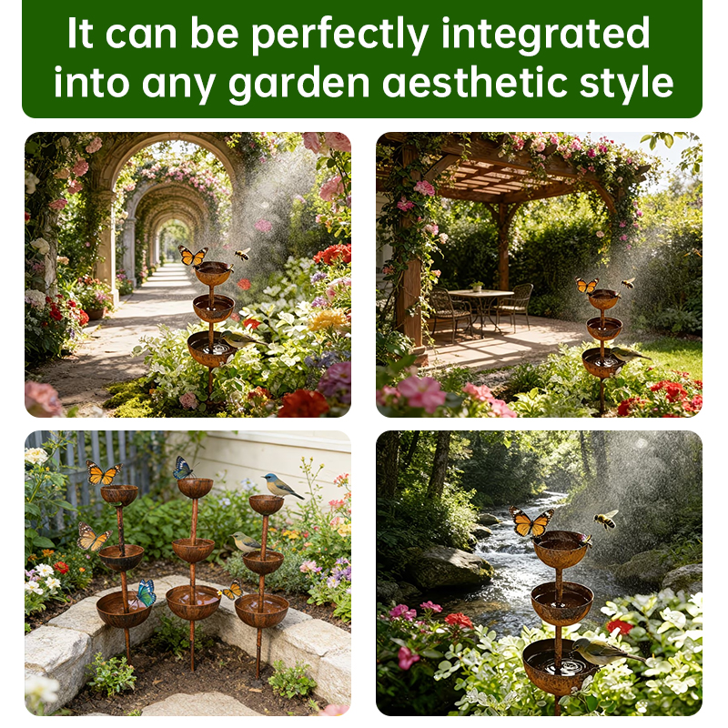 3-Tier Vintage Rustic Metal Bird Watering Station | 3-Tier Rusty Iron Garden Water Collector Feeder, Outdoor Garden Patio Decor — image 5