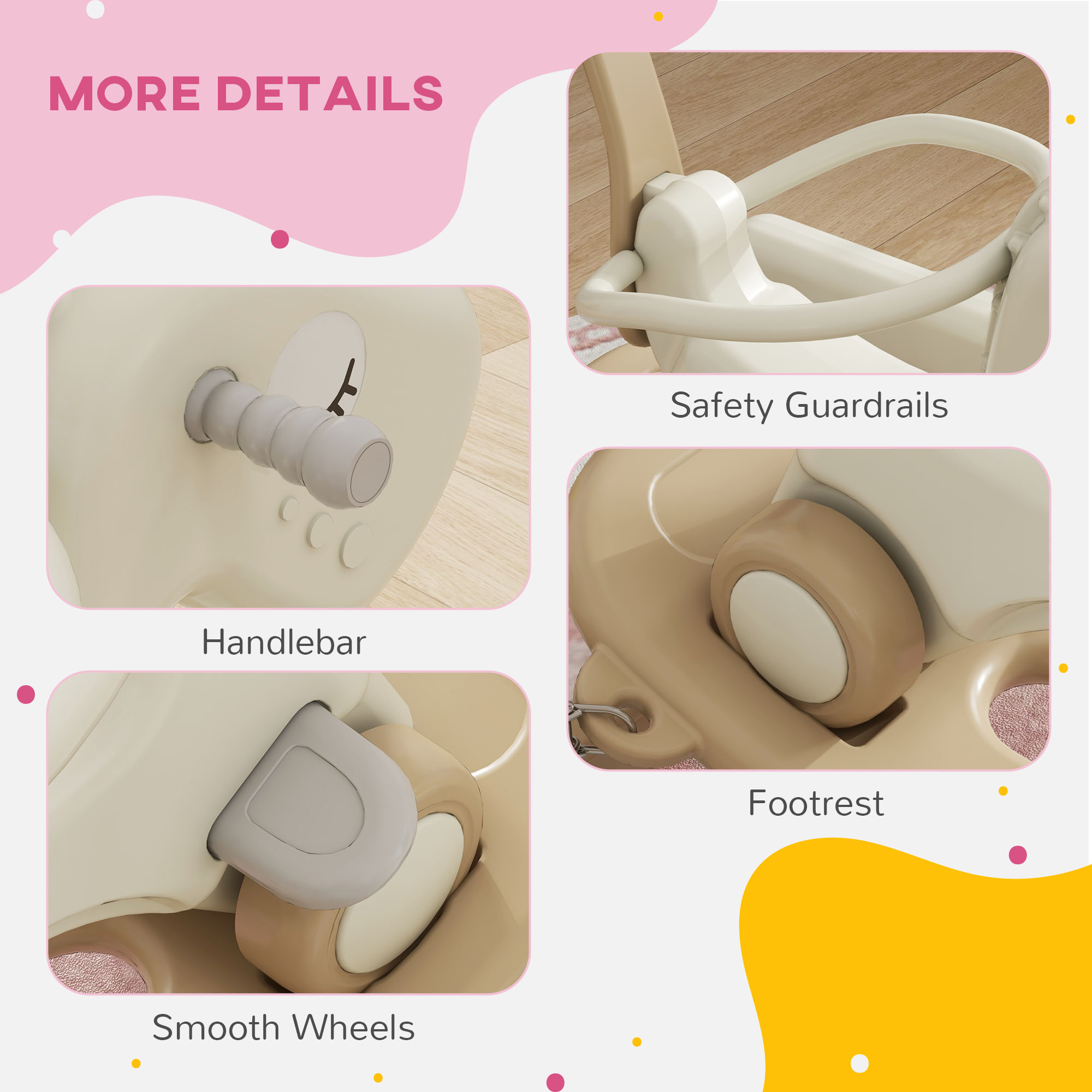 5 in 1 Rocking Horse for Toddlers 1-3 Years with Detachable Balance Board, Push Handle, Footrest, Cream White — imagen 6