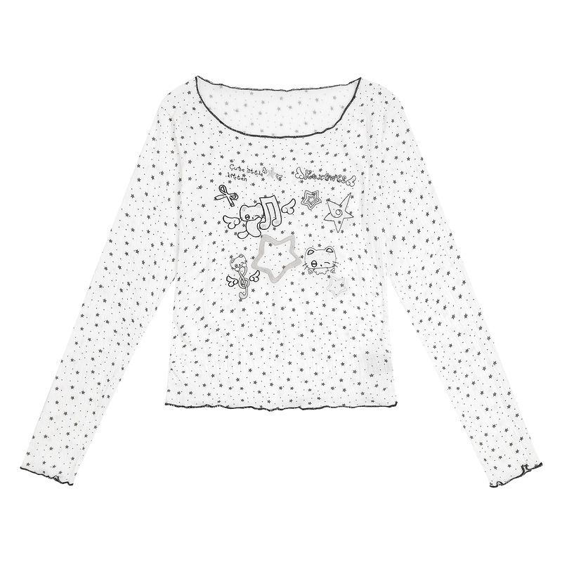 Grey background wavelet dot cat note printed long sleeved T-shirt for women — image 7