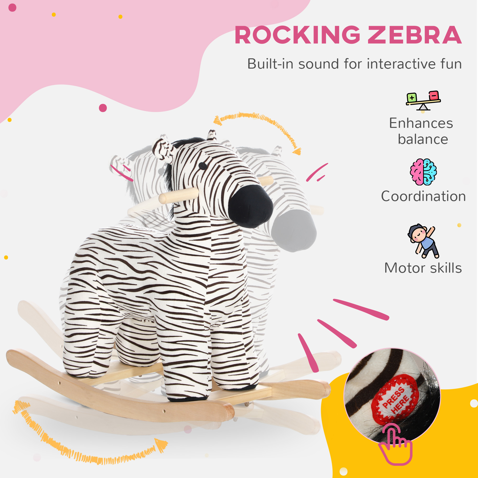 Caballo de Madera con Sonido Realista de Zebra para Niños de 2 a 4 Años, Negro — imagen 4