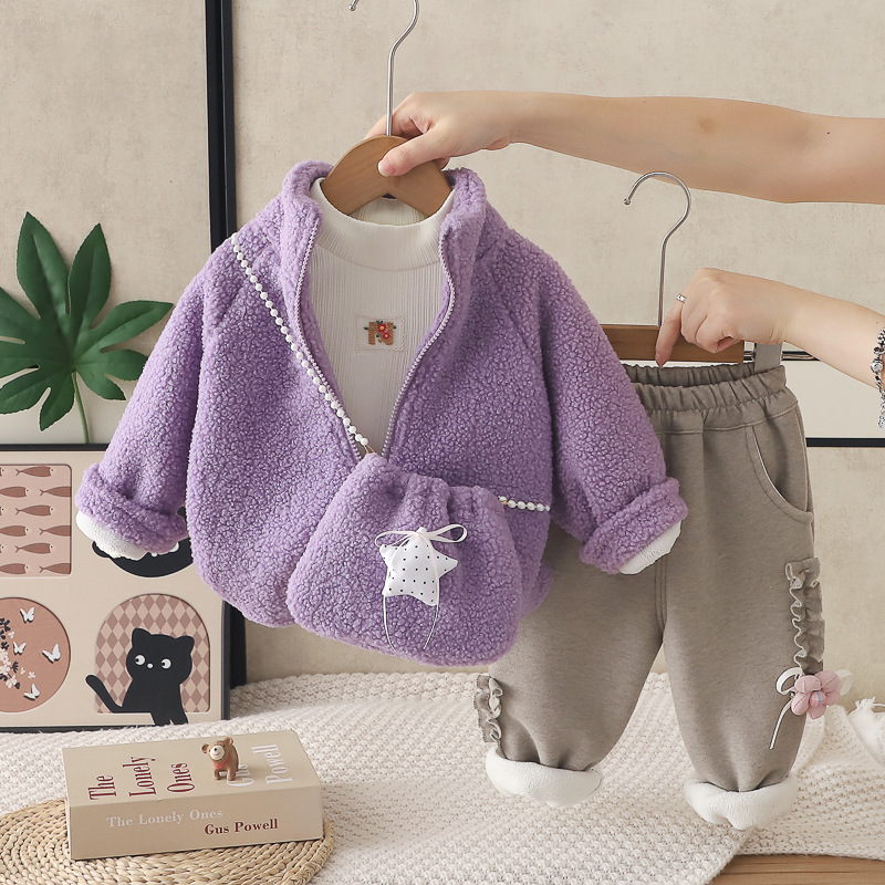 Girls Autumn Winter Fleece Lined Star Cat Print Three-Piece Set Outfits with Bag — image 5