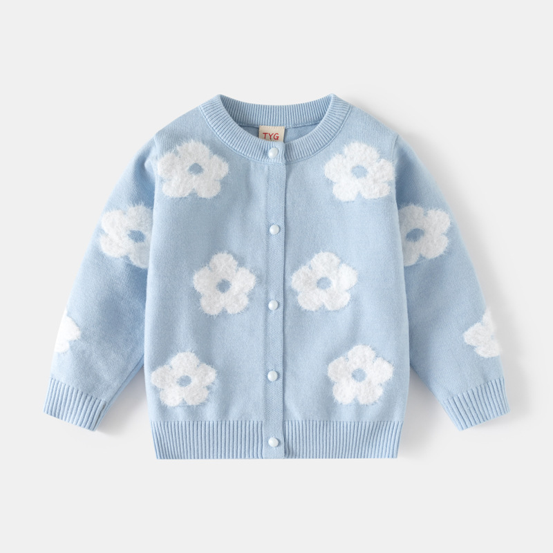 Girls Floral Print Knit Cardigan, Soft Faux Mink Sweater, Single Layer Button Front Top — image 5