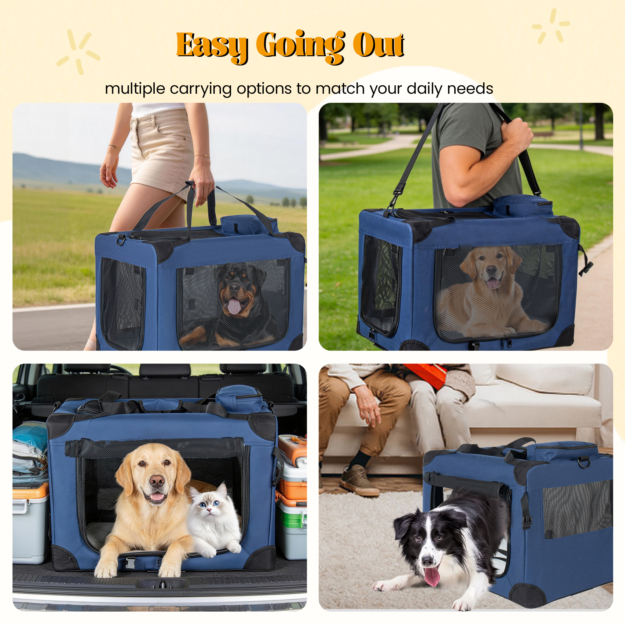 40 Soft Dog Crates Kennel, 3-Door Portable Folding Pet Carrier With Mesh Windows, Straps And Fleece Mat For Dogs, Cats, Rabbits, Meeting The Needs For Indoor, Outdoor, And Travel Use, Dark Blue — imagen 3