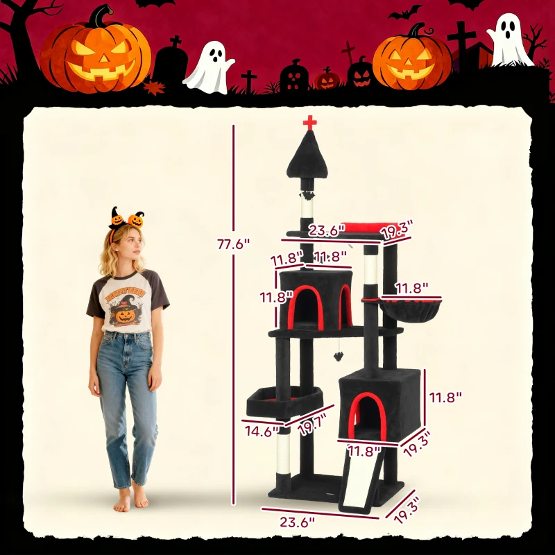 Gothic Cat Tree, Cat Tower With Coffin Bed, 2 Spacious Condos, Sisal Scratching Posts, Bat Hanging Balls, Halloween — imagen 1