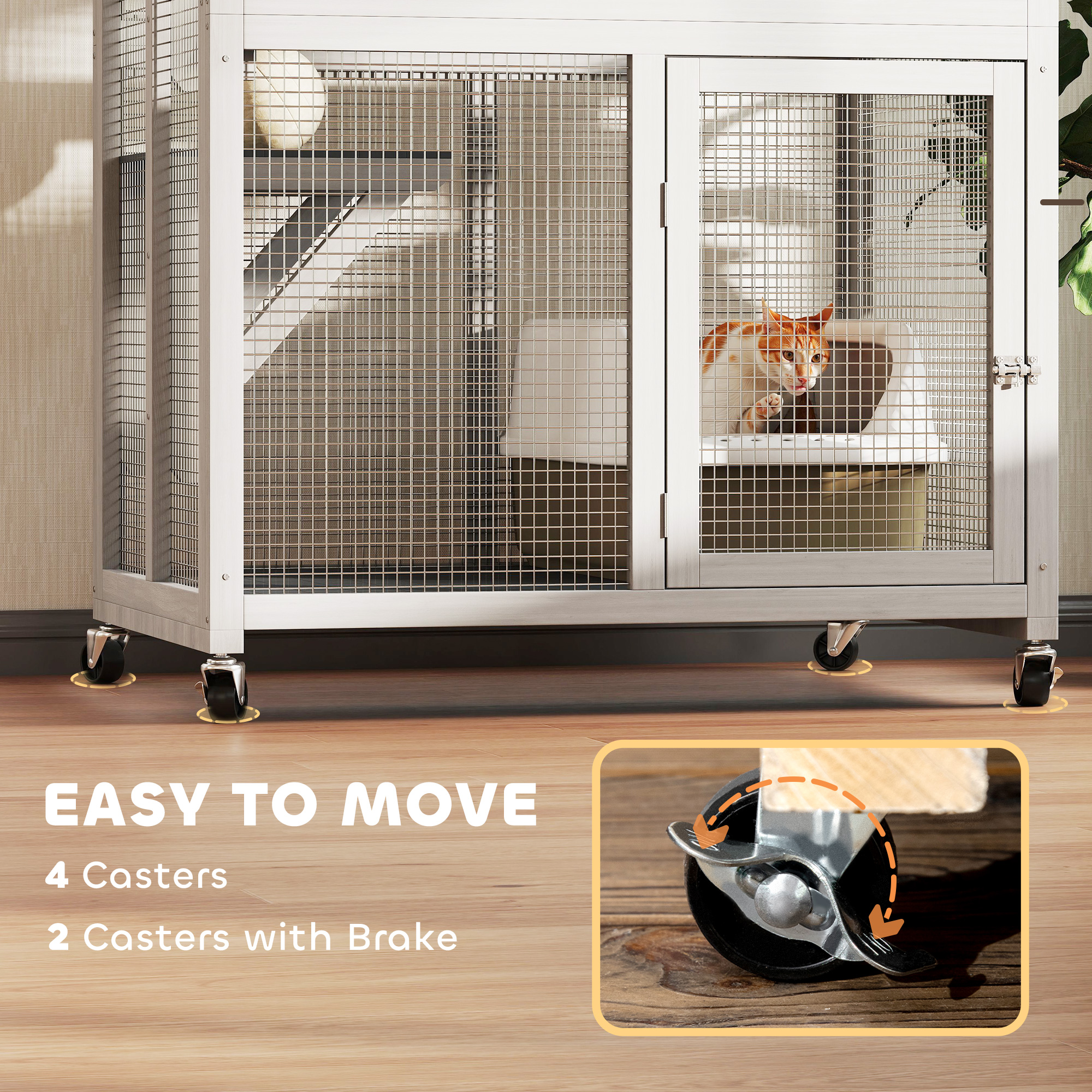 Catio de madera exterior para gatos de 74" con ruedas y resistente al tiempo, casa para mascotas al aire libre con alta capacidad de peso, color blanco — imagen 6