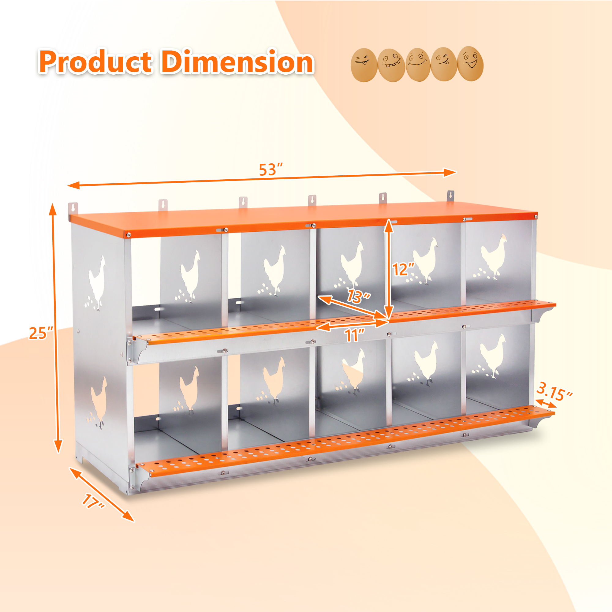 Nidal Metálico de 10 Compartimentos para Montaje en Pared, para Gallinas y Patos, Fácil Recolección de Huevos, Equipo de Gallinero de Acero Galvanizado Ventilado, Naranja — imagen 2