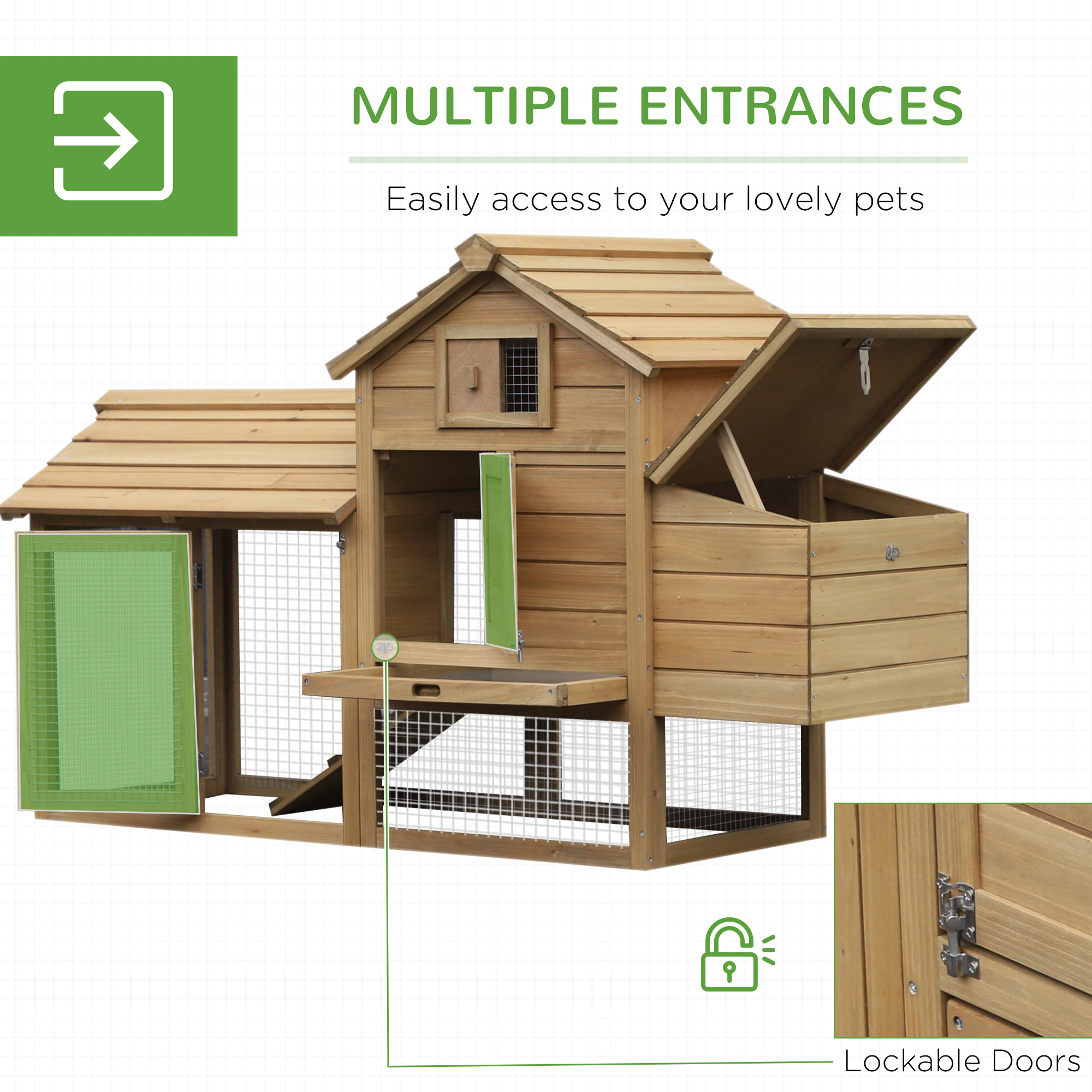 PawHut 59 Small Wooden Chicken Coop Hen House Poultry Cage For Outdoor Backyard With 2 Doors, Nesting Box And Removable Tray, Natural Wood — imagen 4