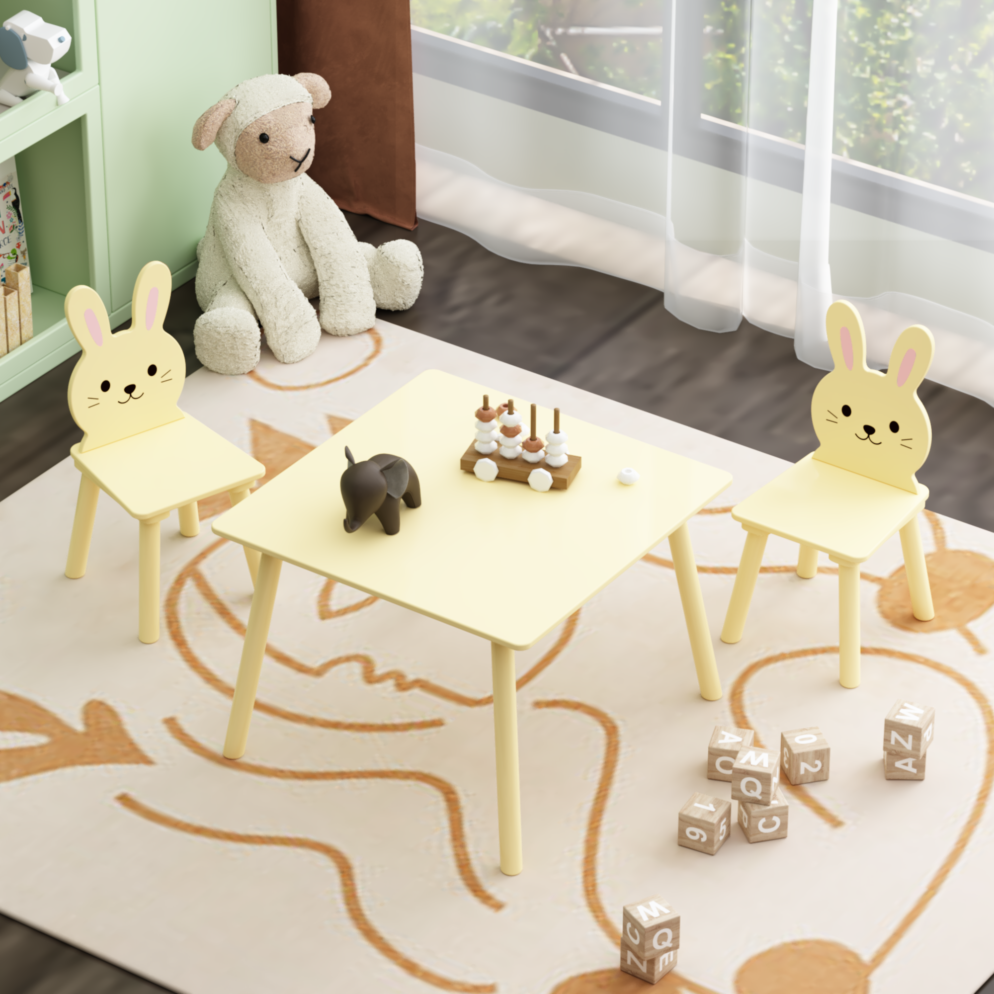 Conjunto de Mesa y Silla para Niños con 2 Sillas de Conejo, Mesa de Actividades de Madera para Bebés con Diseño Animales Adorables para Habitación de Juegos, Dormitorio o Aula - Amarillo Crema — imagen 1