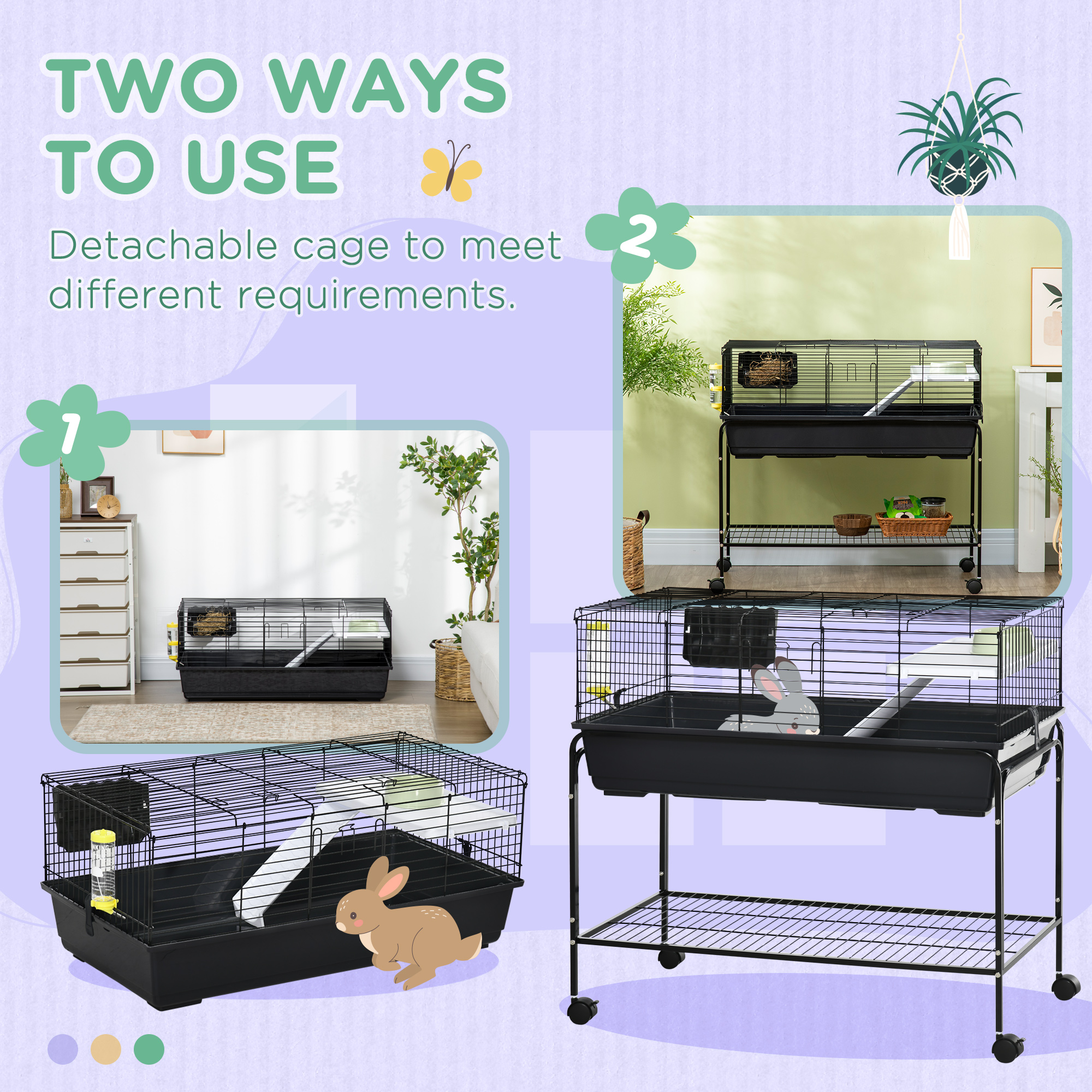 Caja de Animales Pequeños de Dos Niveles, Removible del Soporte, Acogida para Conejos, Pájaros Exóticos, Hamsters, Ratas, 39" x 20.5" x 36.5", Negro — imagen 7