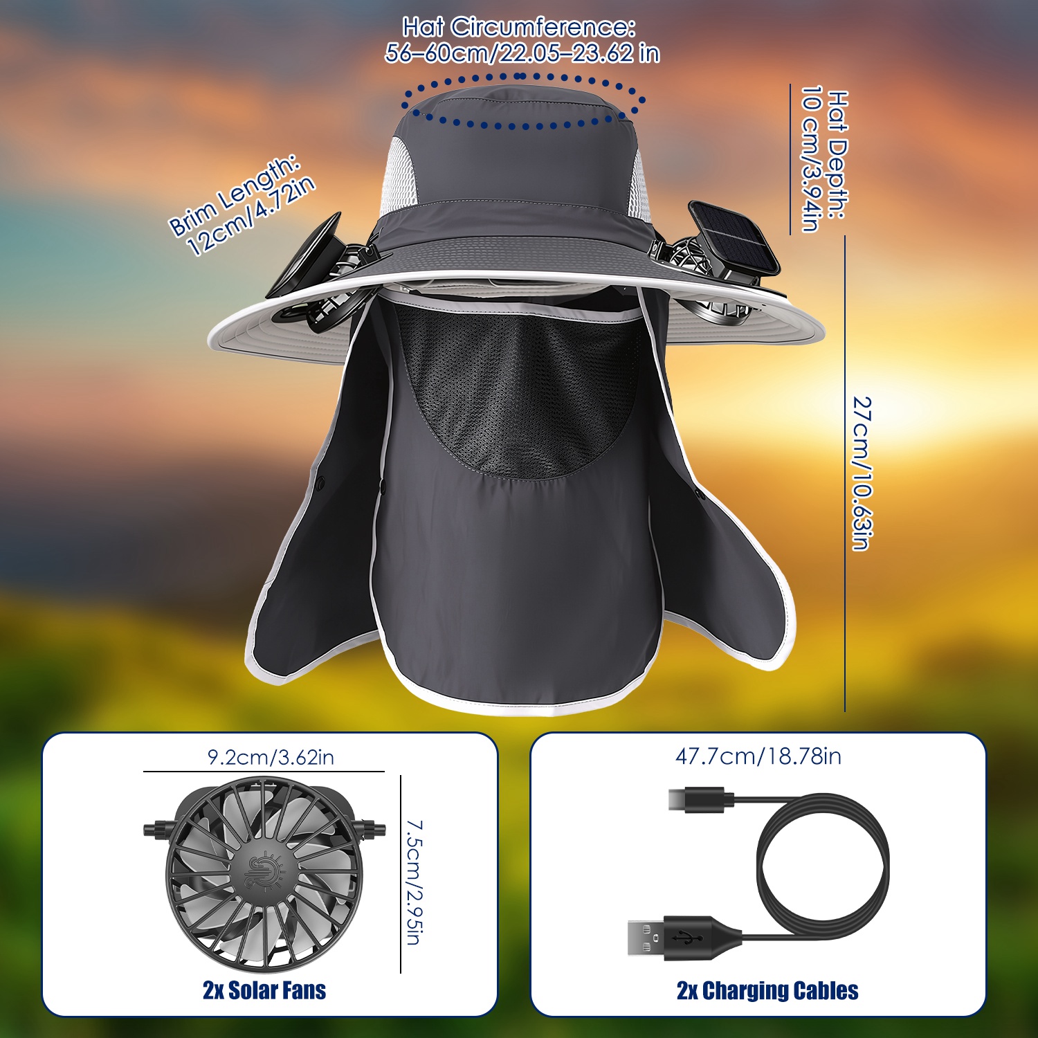 Sombrero con Ventilador Solar 2 en 1 UPF50 Sombrero para el Sol con Ventiladores, Sombrero de Pesca de Ala Ancha con Cubrecara y Protector de Cuello, Carga USB Solar Para Senderismo, Jardinería, Trabajo al Aire Libre — imagen 23