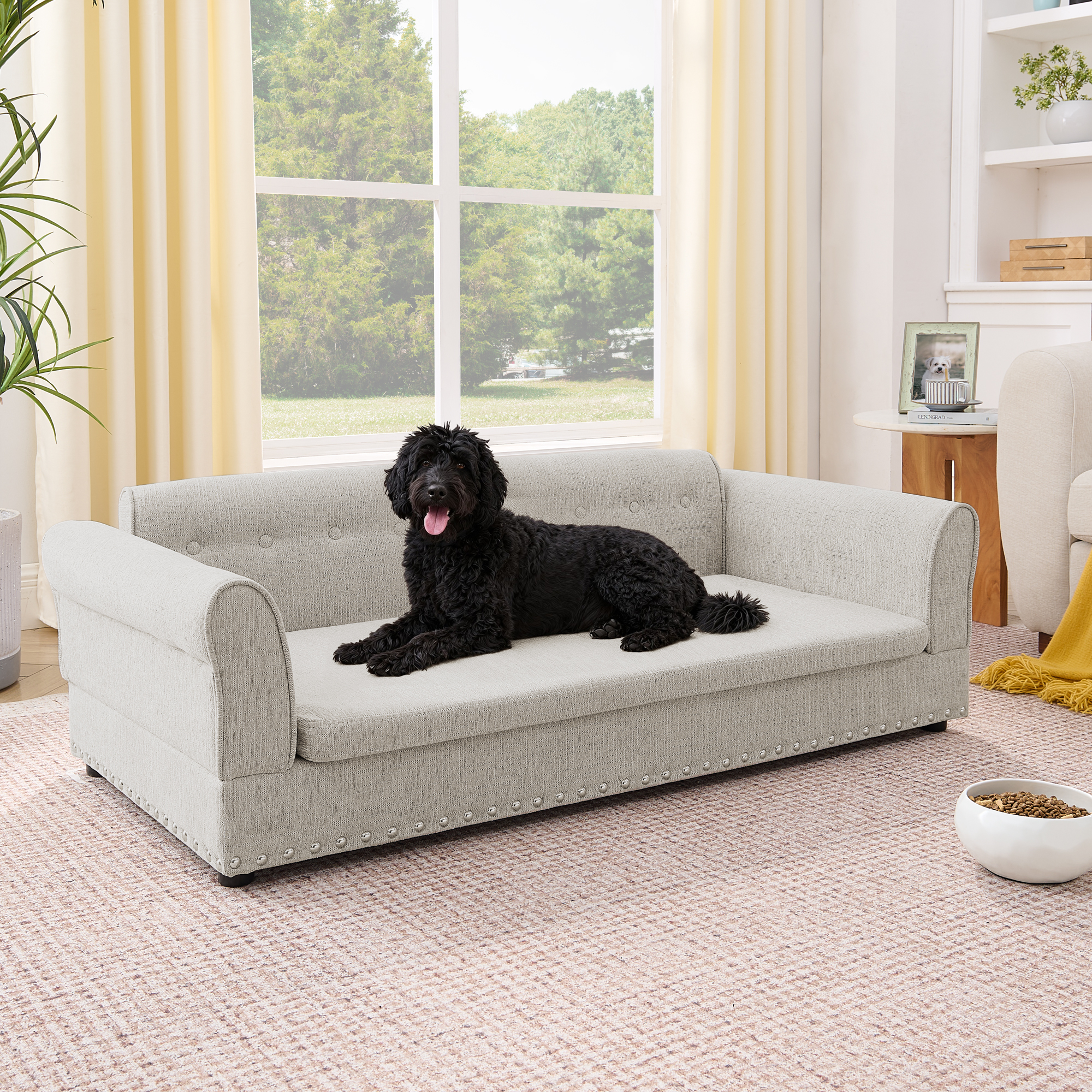 Silla de Sofá Grande para Mascotas, Estilo Moderno Elegante con Tela de Lino, Silla de Perro Elevada con Espaldar y Manijas para Canes Grandes - Beige — imagen 5