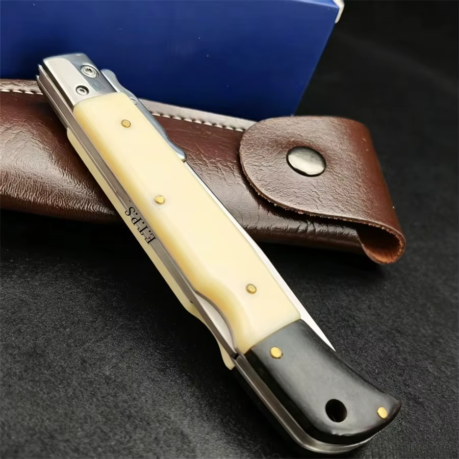 EDC Folding Knife Satin Flat Blade Safety Lock Knife Manually Opened for Daily Use, Three Color Handle with Leather Knife Cover — image 3