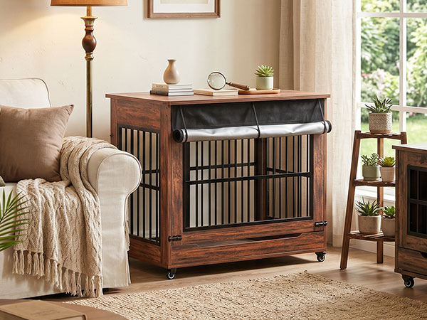 Large Dog Crate Furniture, Double Door Wooden Indoor Dog Kennel Furniture, Decorative Pet Cage End Table With Wheels For Extra Large Breed Dogs, Size 2XL, Greige — image 29