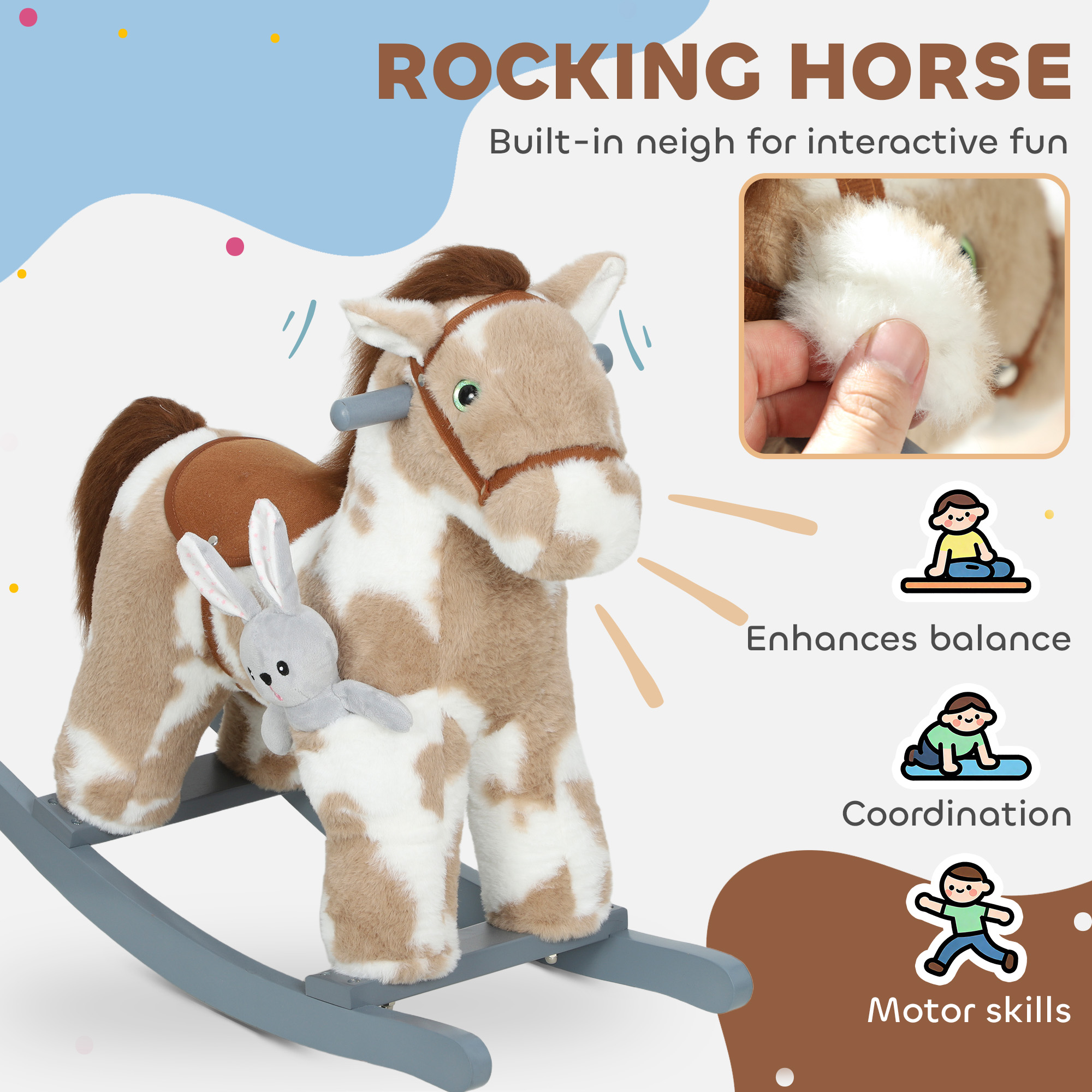 Caballo de Madera que Se Mueve, Caballito de Tela para Niños con Sonidos y Oso de Peluche para Aventuras Imaginativas de 2 a 5 Años, Marrón — imagen 5
