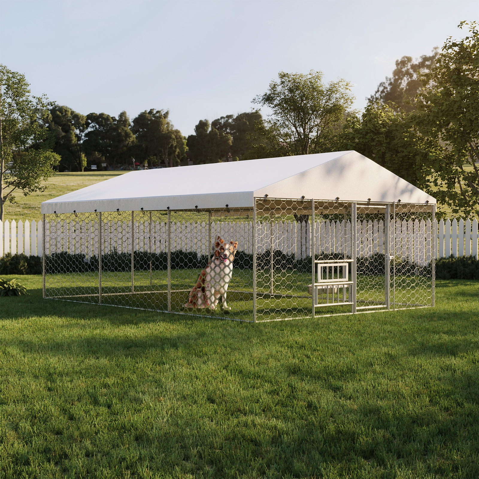 Jaula al aire libre grande para perros con techo, estructura de acero galvanizado resistente, cubierta impermeable, platos de alimentación elevados integrados, jaula de juego segura y cerrada para perros grandes y múltiples animales — imagen 1