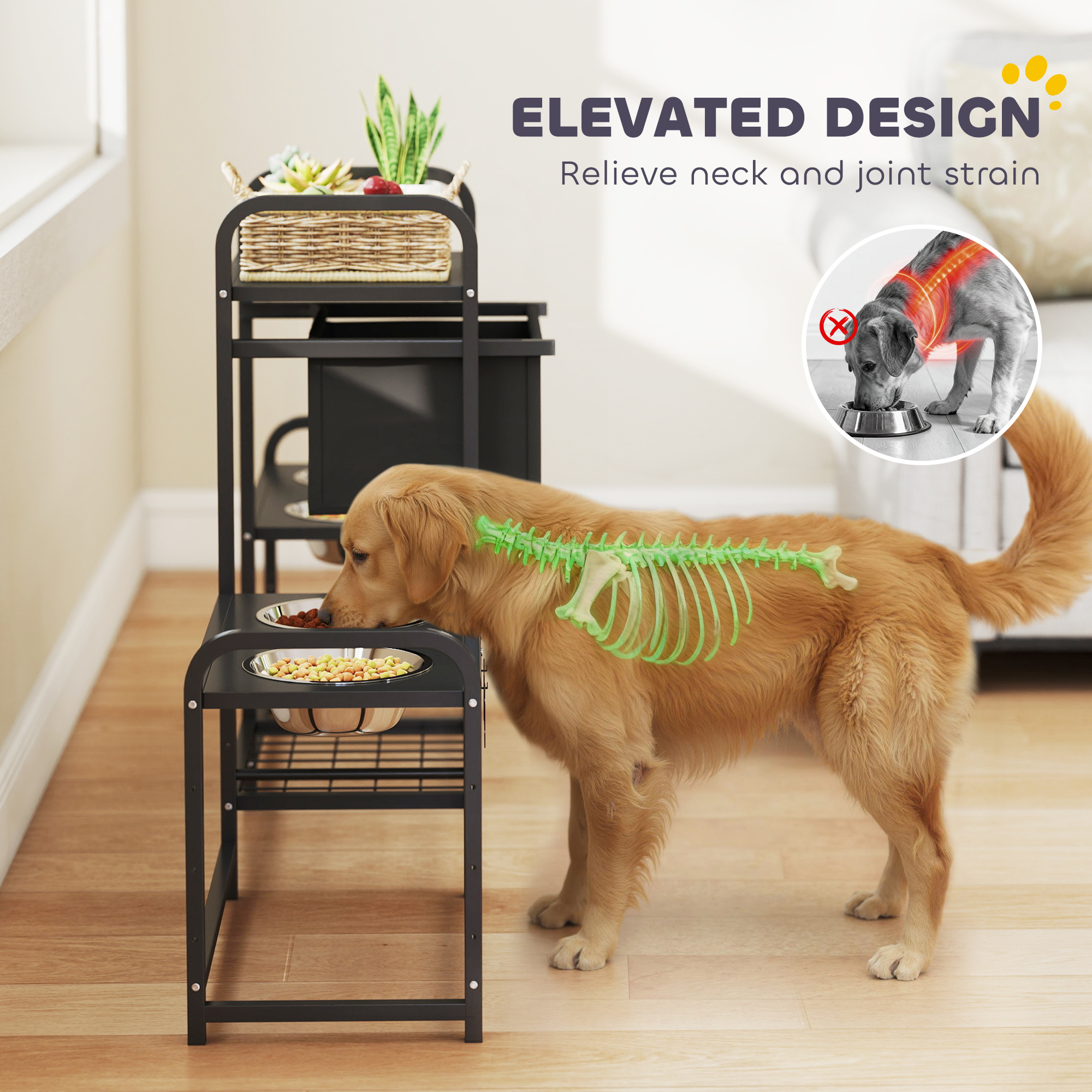 Soporte para Comederos de Perro con 3 Alturas Ajustables, 2 Estaciones de Alimentación, Cesta para Juguetes, Negro — imagen 4