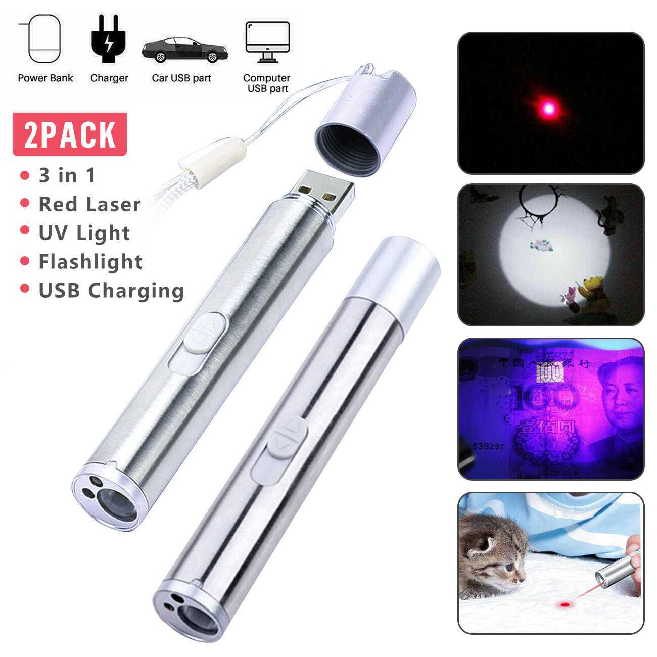 Puntero Láser Rojo USB Recargable con Luz LED 3 en 1 Linterna UV 2 piezas Juguetes para Gatos y Perros — imagen 1