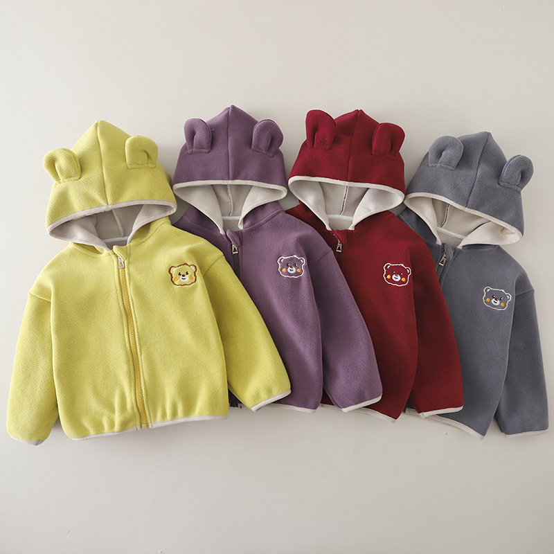 Kids Autumn Winter Fleece-Lined Bear Print Hoodie Top — image 3