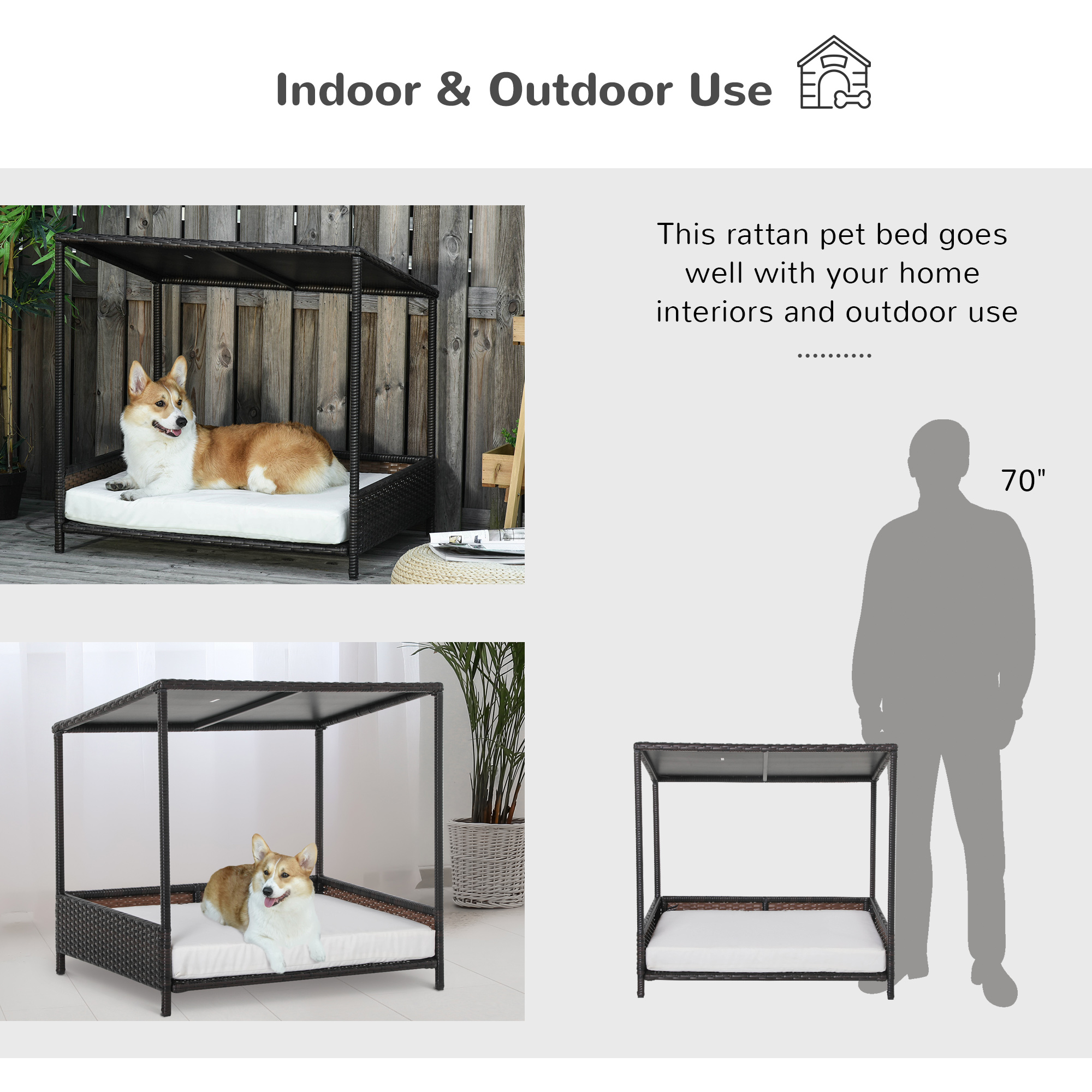 Cama para Perros en Casa con Rattán Elevado, Marrón — imagen 3