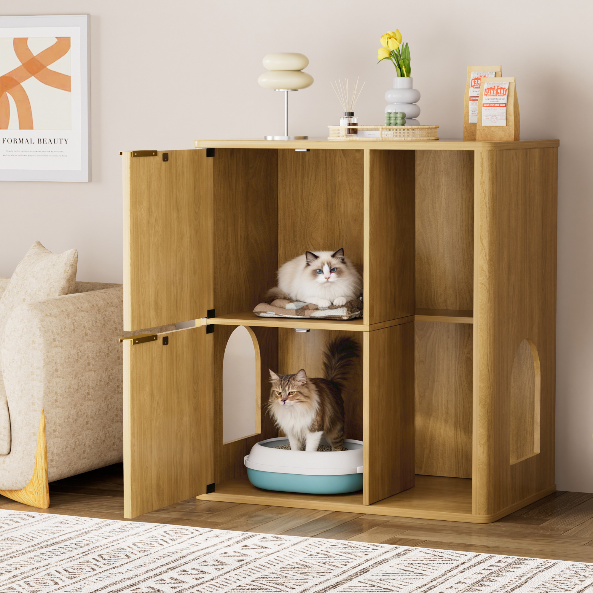 Gabinete para Arenero de Gato de 31.5 Pulgadas en Madera Clara con Rascador Integrado - Mueble Oculto con Puertas Dobles para Gatos y Repisas de Almacenamiento, Gabinete Versátil para Sala o Dormitorio — imagen 3