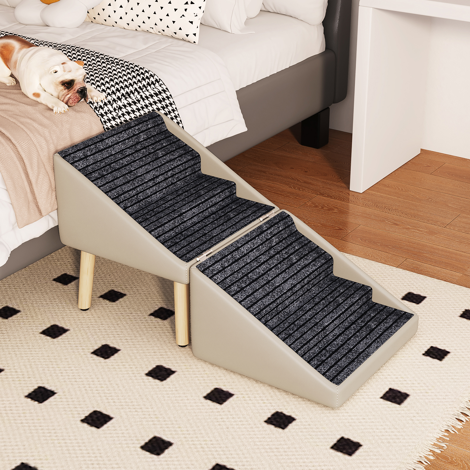 Paso para Perros para Cama y Sofá - Escaleras de Madera 2 en 1 para Perros Grandes, Medianos y Pequeños, Diseño Split con Superficie Antideslizante Gris Claro — imagen 8