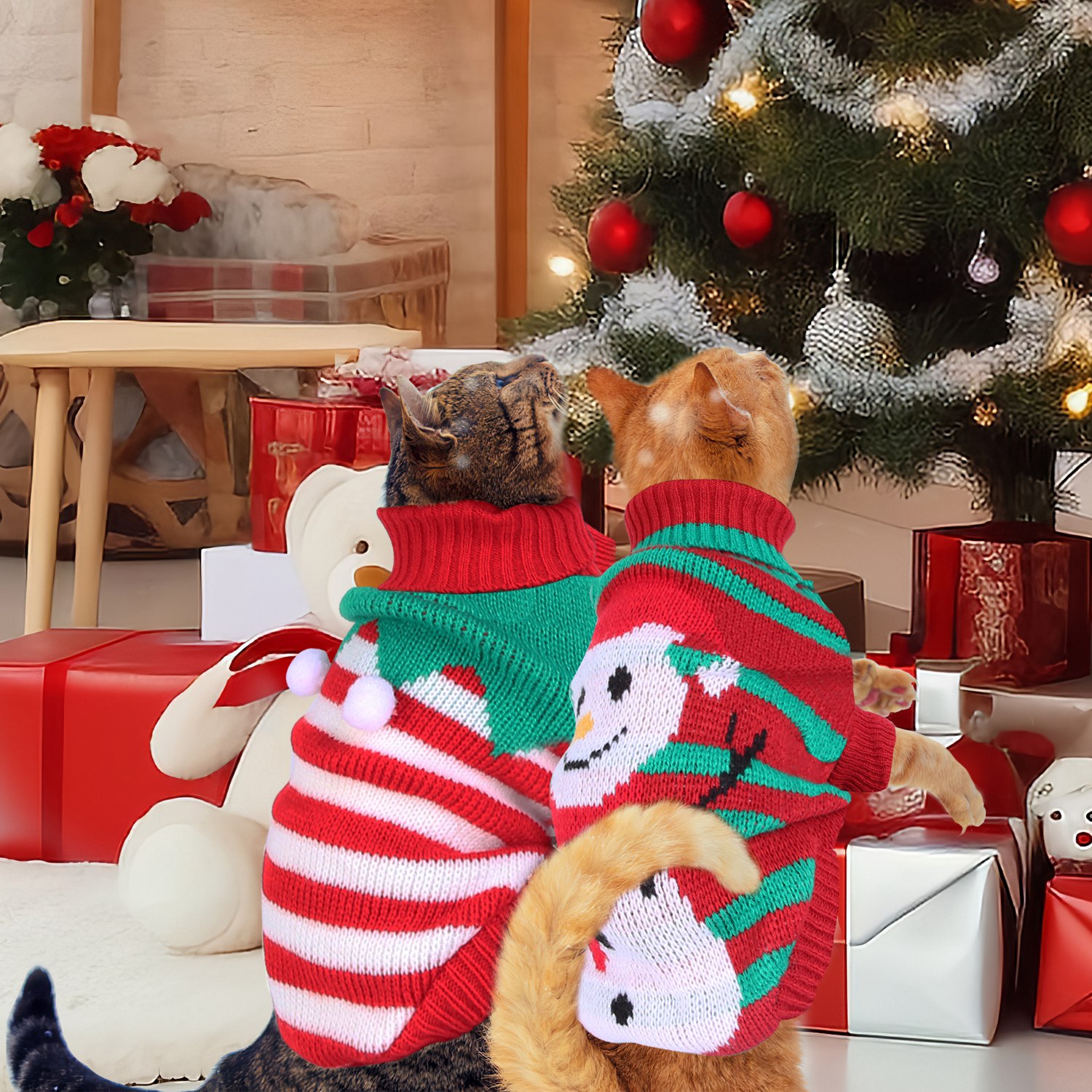 2 Patrones y 4 Tallas a Elegir - 1 Pieza de Suéter Navideño de Cuello Alto Para Mascotas, Ropa Navideña Para Perros y Gatos, Disfraz de Rayas con Muñeco de Nieve, Suéter de Invierno Para Gatitos y Cachorros Pequeños y Medianos — imagen 2