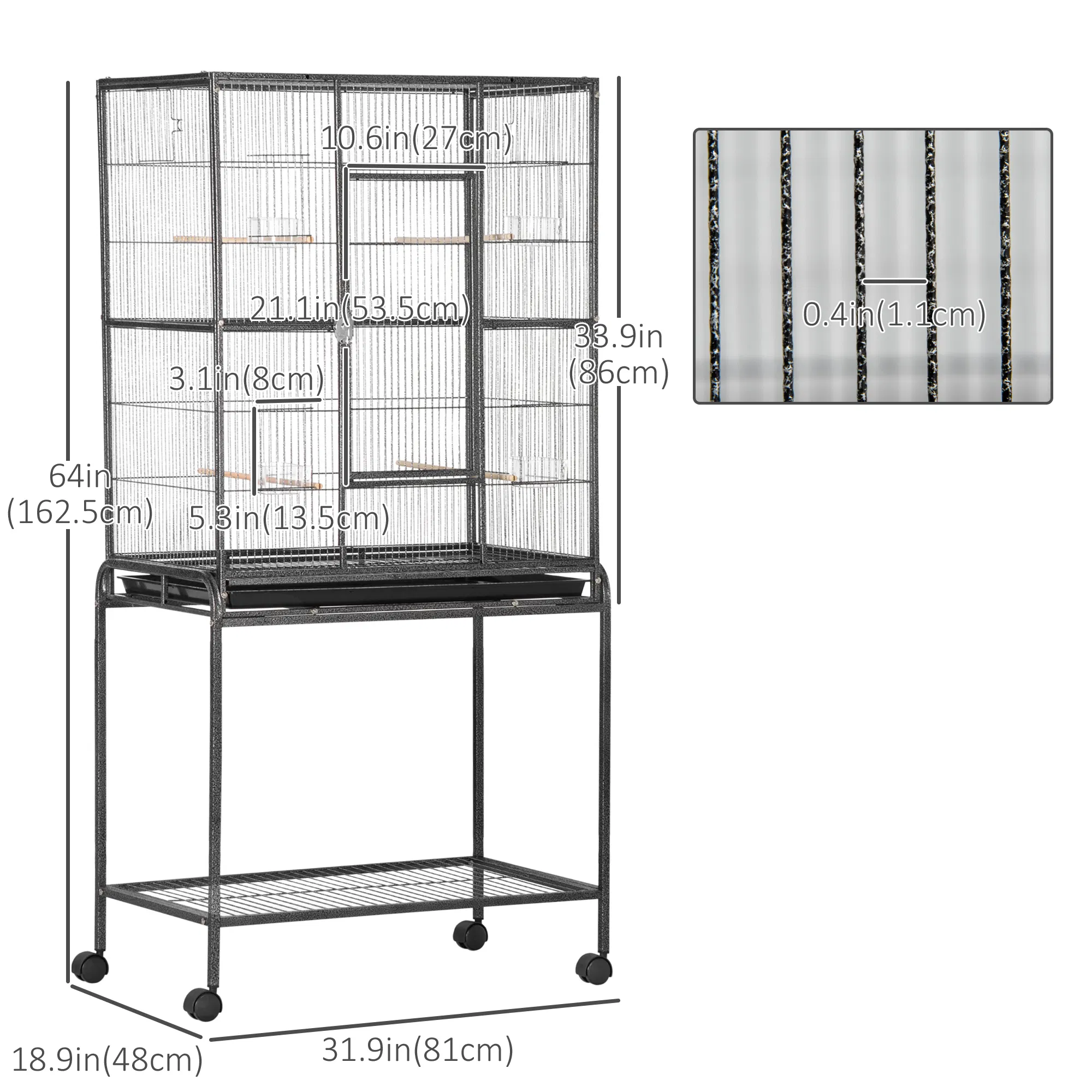 30'' Large Rolling Metal Bird Cage Bird House with Detachable Rolling Stand, Storage Shelf, Wood Perch Food Container - Black — image 3