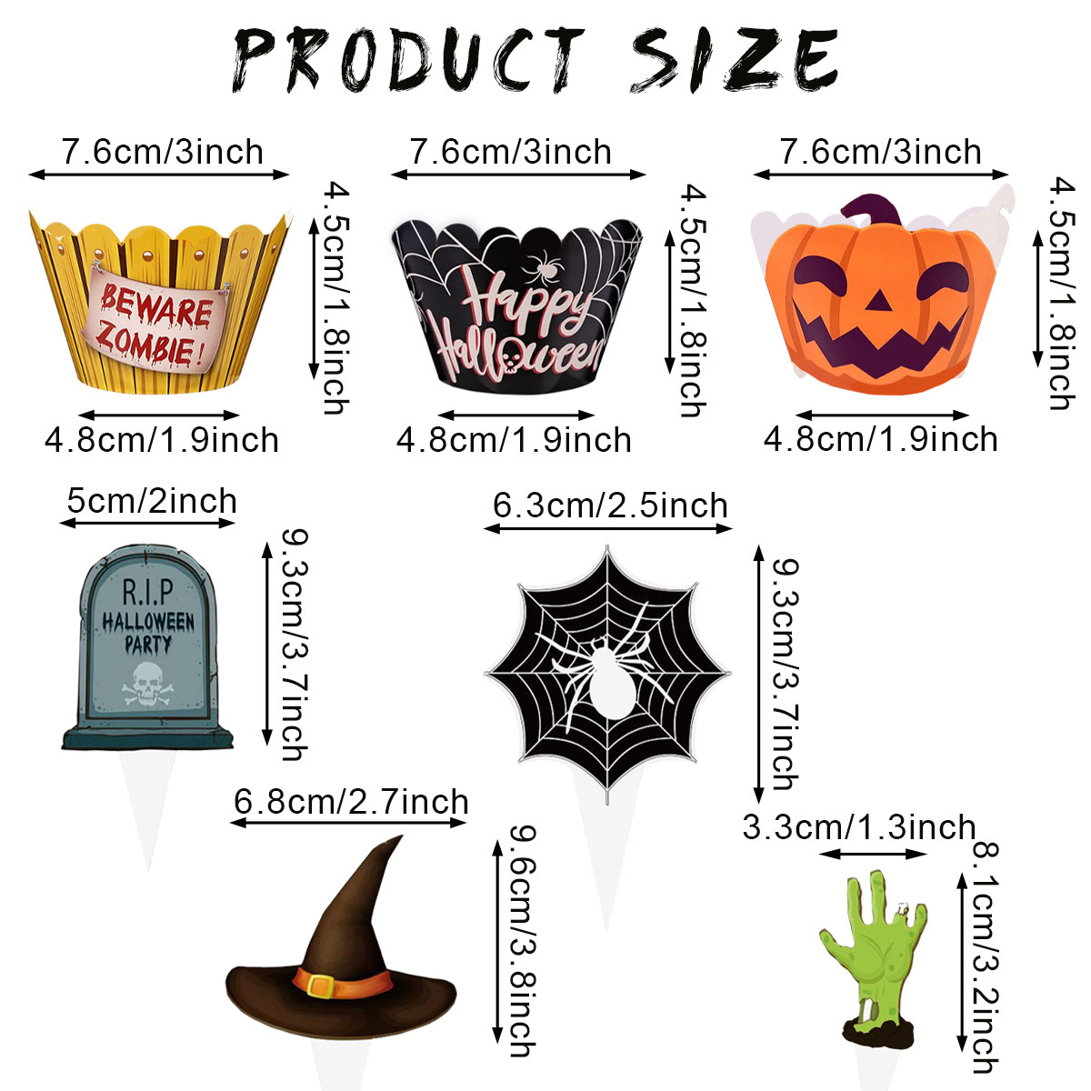 Set de 48 Piezas Decoración de Cupcakes de Halloween, Diseño de Mano de Zombi, Sombrero de Bruja, Telaraña y Lápidas, 3 Estilos de Picks y Envolturas Feliz Halloween — imagen 5