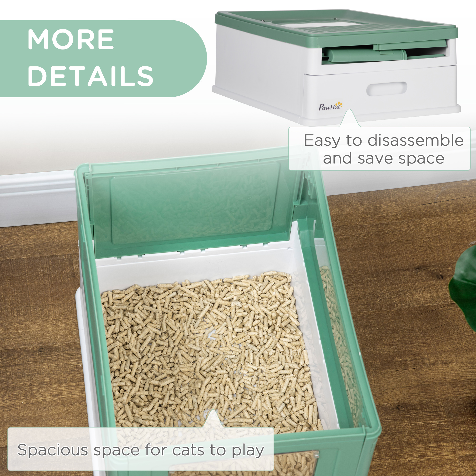 Caja de Arena para Gatos Sellada con Entrada en Frente y Salida por el Techo, Plástico, Verde y Blanco — imagen 7