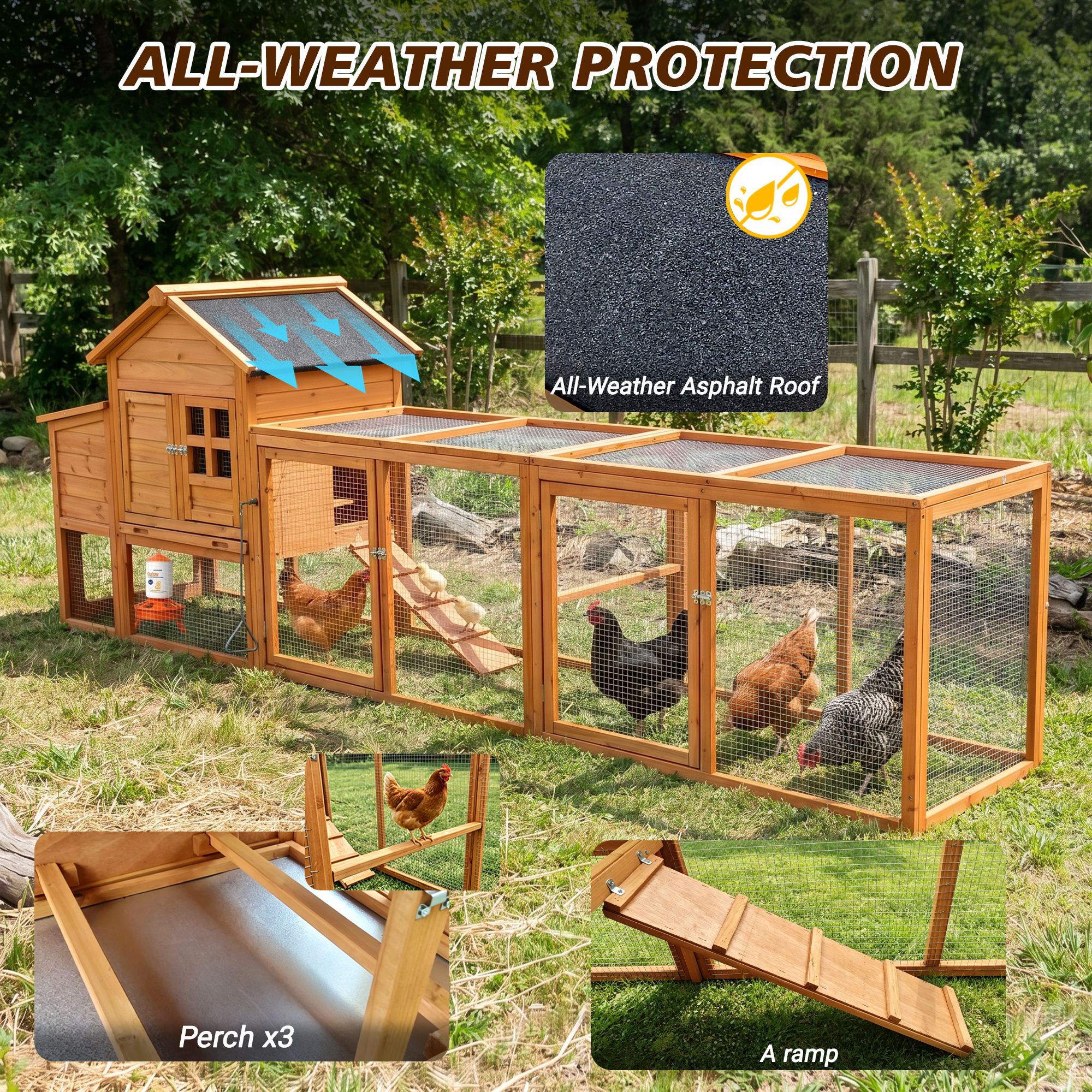Large Chicken Coop With Run And Nest Box And Removable Tray, Hen House For 4-6 Chickens, Outdoor Weatherproof Small Animal Cages — imagen 2
