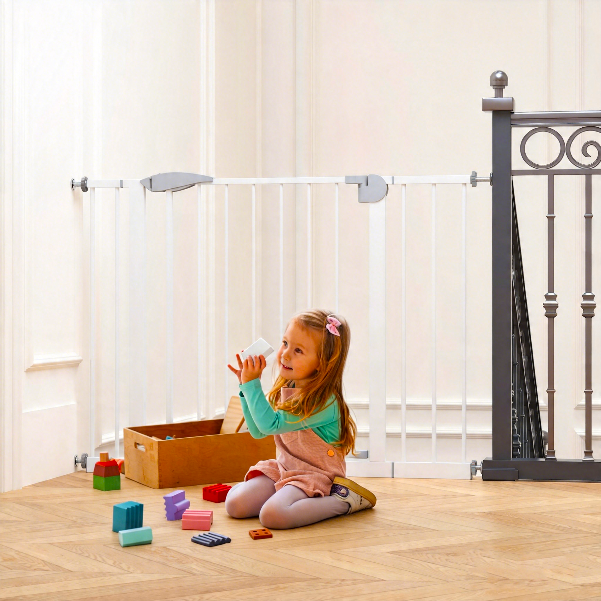 2 Pack 29.5-44.1" Wide Baby Gate for Stairs, Dog Gate Indoor for Doorways, No Drilling Pressure Mounted Pet Gates for Kids, Easy Walk Through Safety Gate, White — image 23